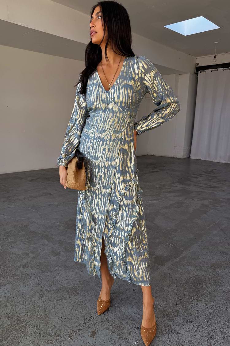 caption_Model wears Blue Lottie Wrap Dress in UK size 8/ US 4