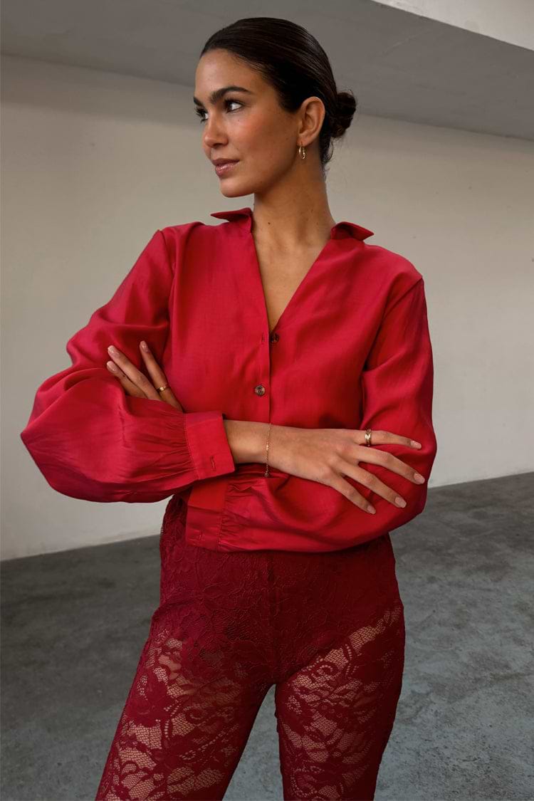 caption_Model wears  Burgundy Lace Diva Trousers in UK size 8/ US 4
