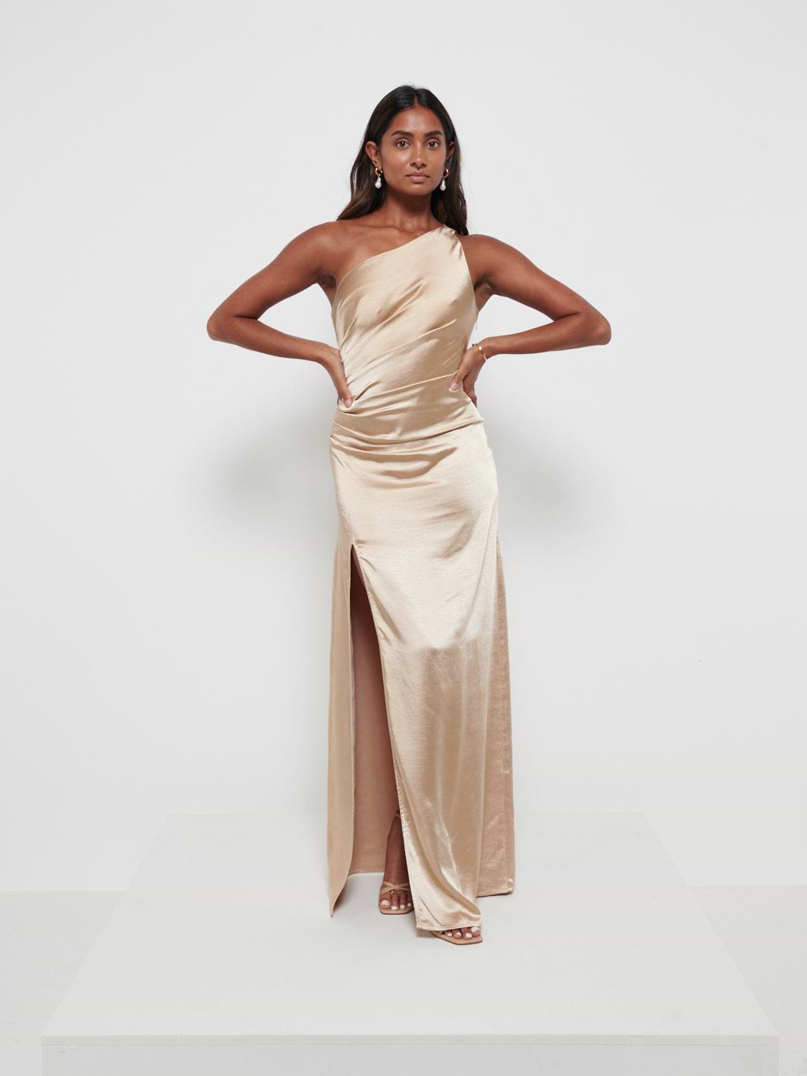 Amelia Ruched Maxi Bridesmaid Dress - Matte Bronze