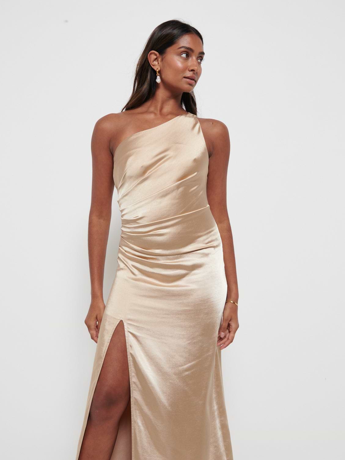 Amelia Ruched Maxi Bridesmaid Dress - Matte Bronze