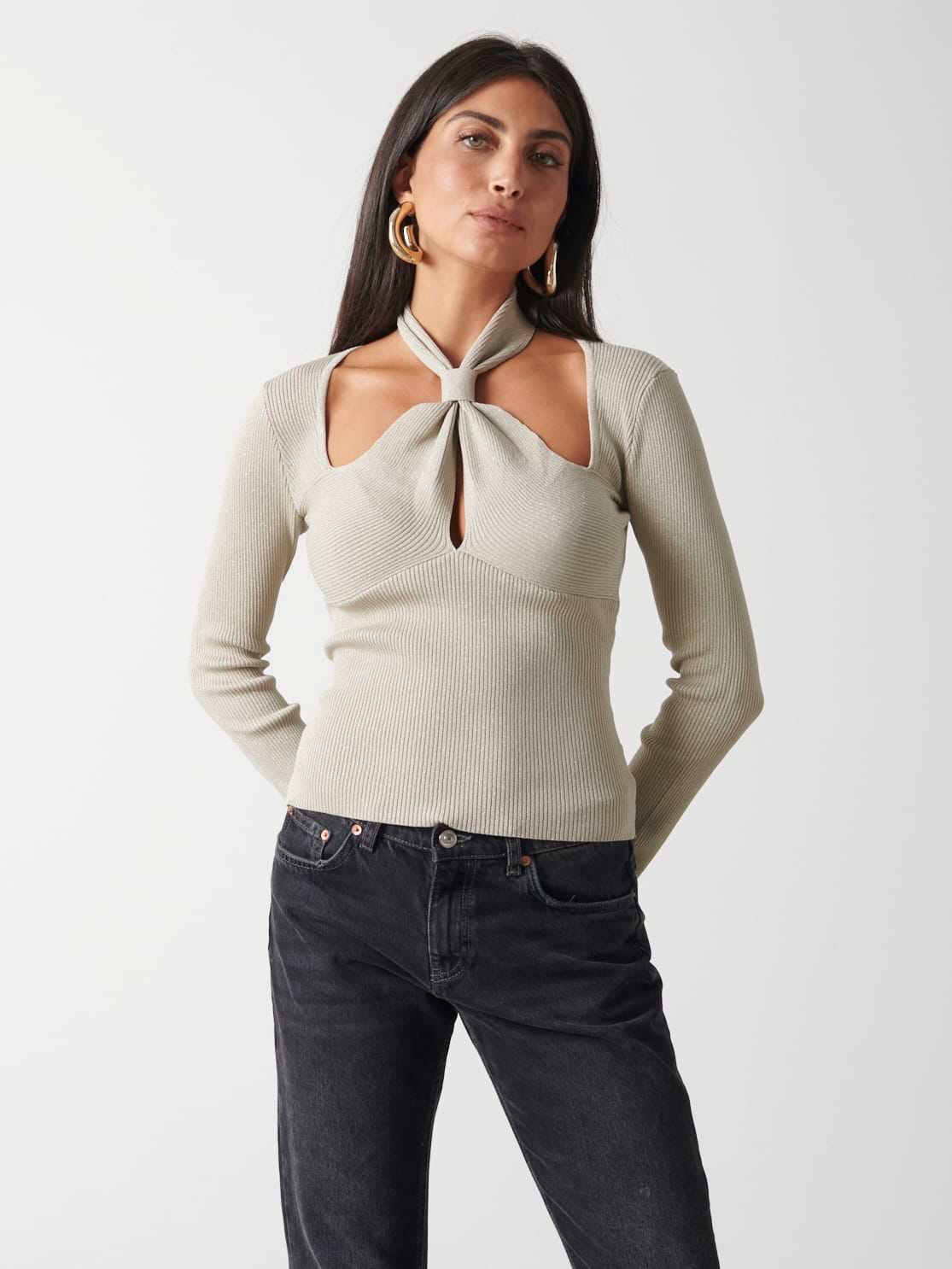 Amity Knotted Halterneck Long Sleeve Top - Gold Metallic