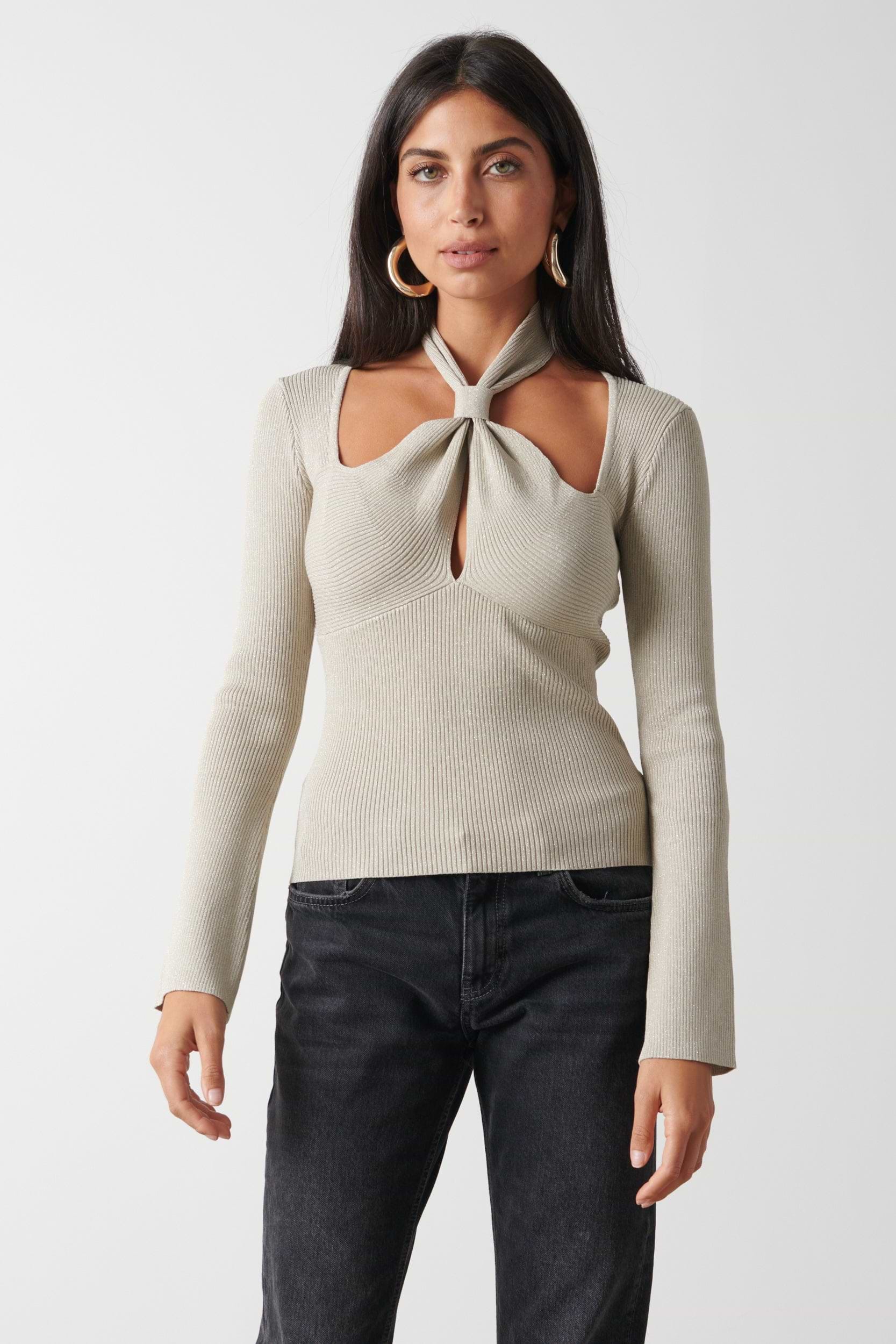 Amity Knotted Halterneck Long Sleeve Top - Gold Metallic