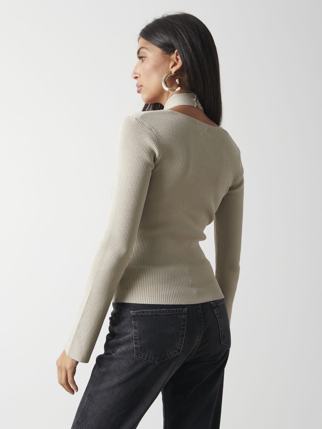 Amity Knotted Halterneck Long Sleeve Top - Gold Metallic
