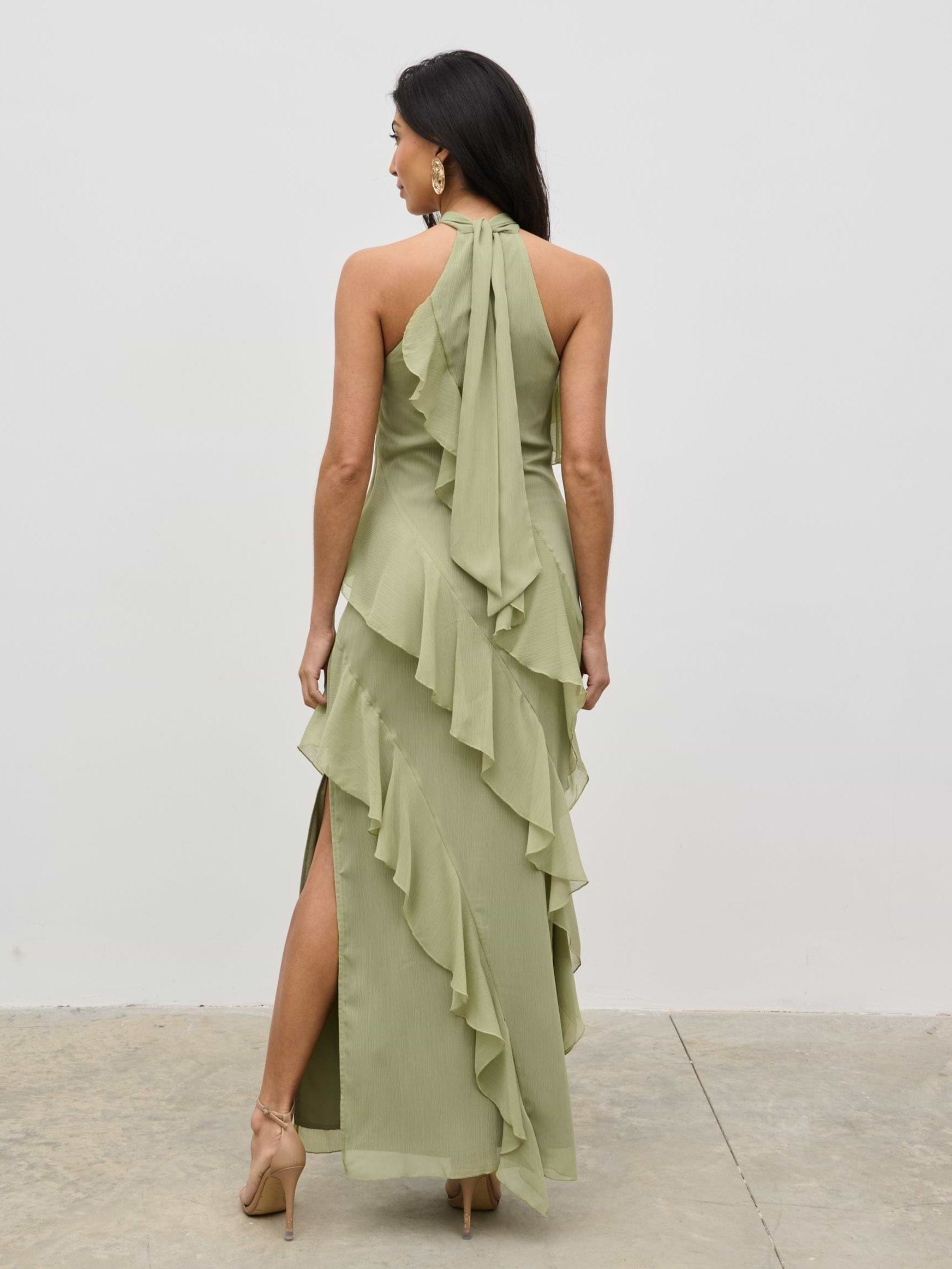 Aria Halterneck Ruffle Maxi Dress - Olive