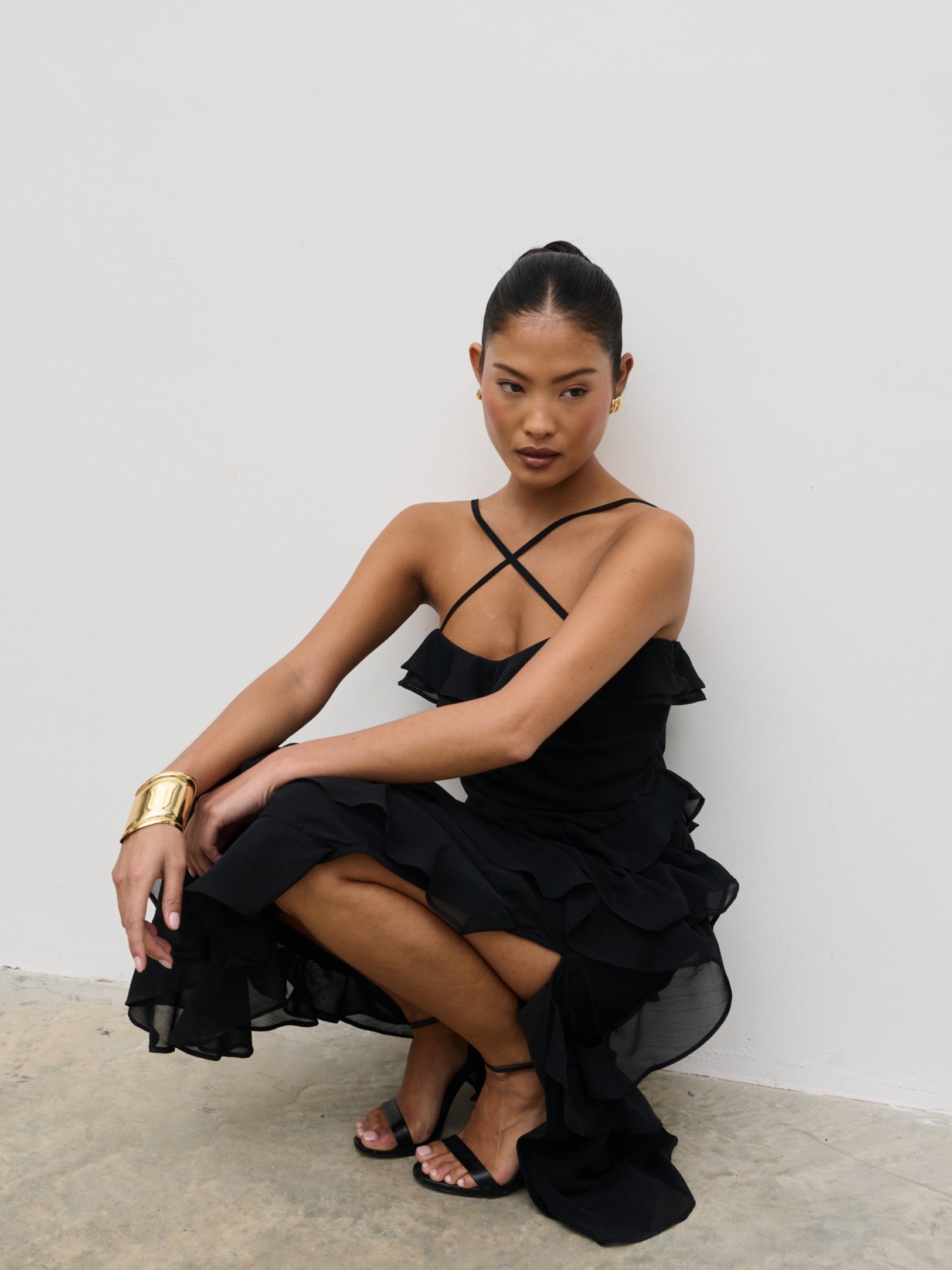 Aryana Ruffle Midaxi Dress - Black