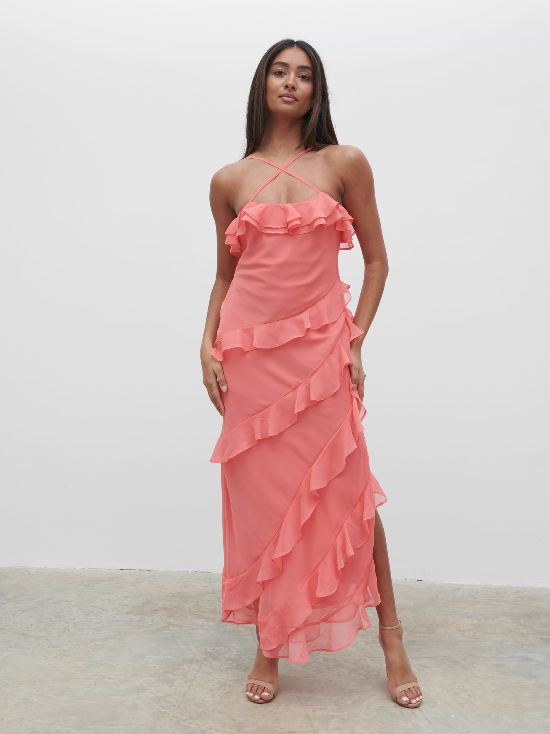 Aryana Ruffle Midaxi Dress - Deep Coral