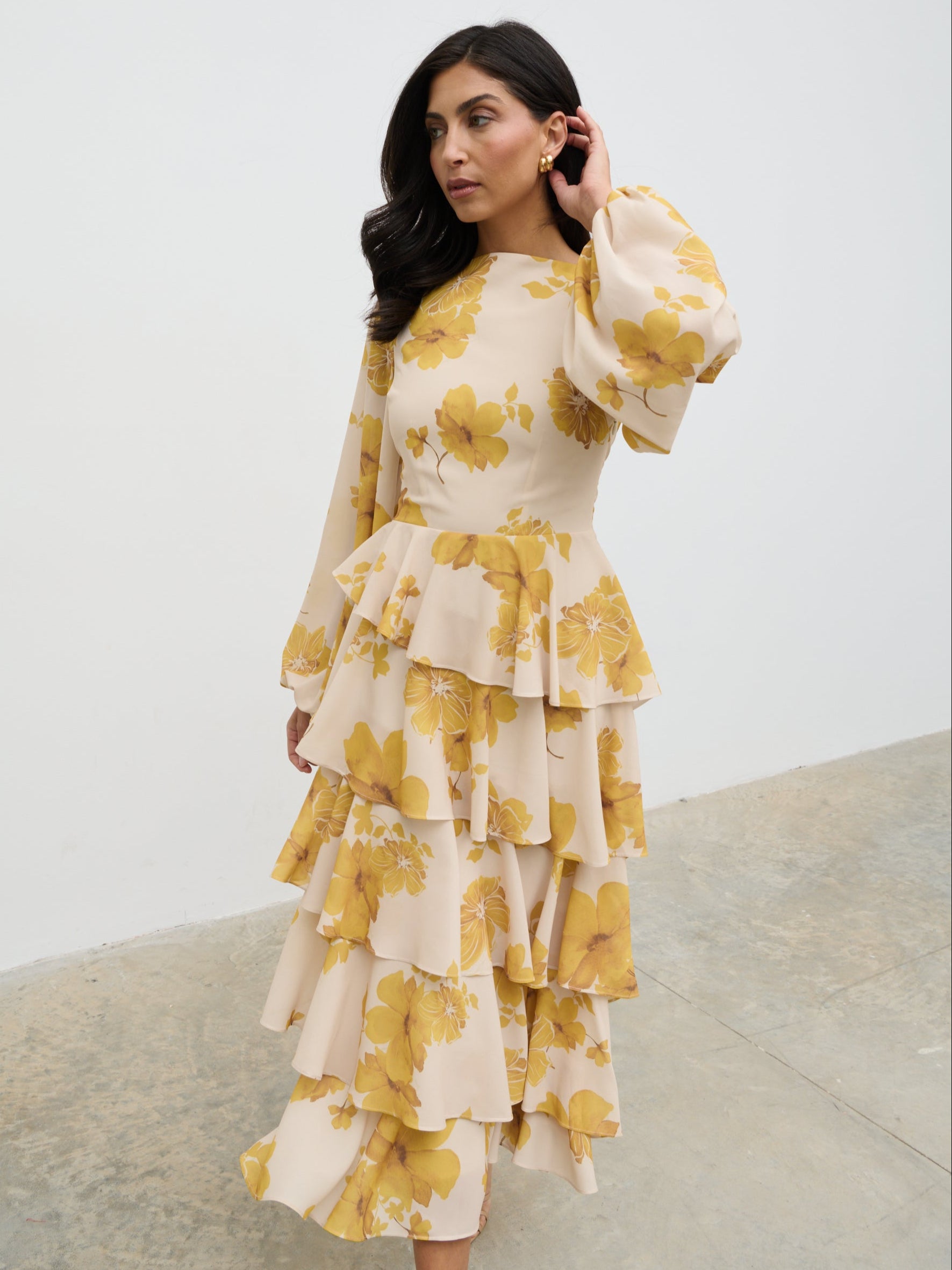 Beatris Backless Ruffle Midaxi Dress - Yellow Ochre Floral