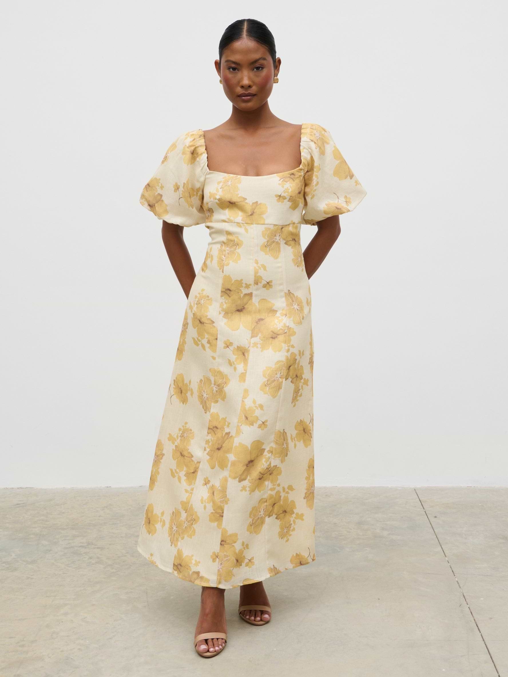 Bette Printed Puff Sleeve Midaxi Dress - Yellow Ochre Floral