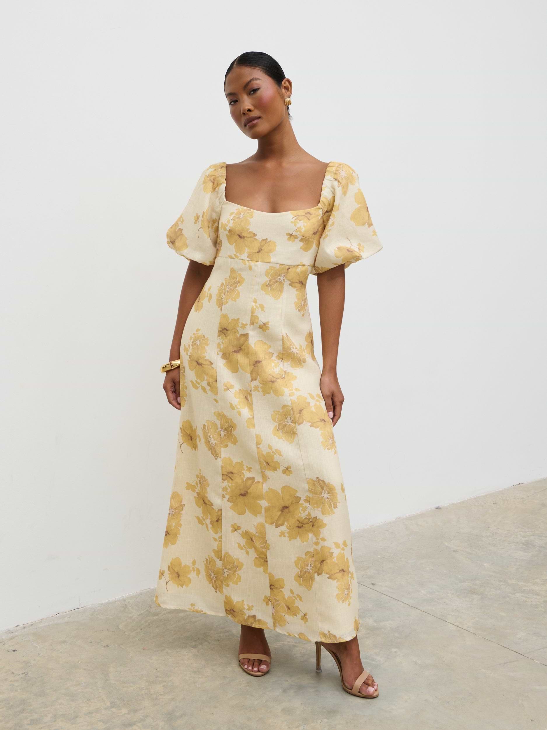 Bette Printed Puff Sleeve Midaxi Dress - Yellow Ochre Floral