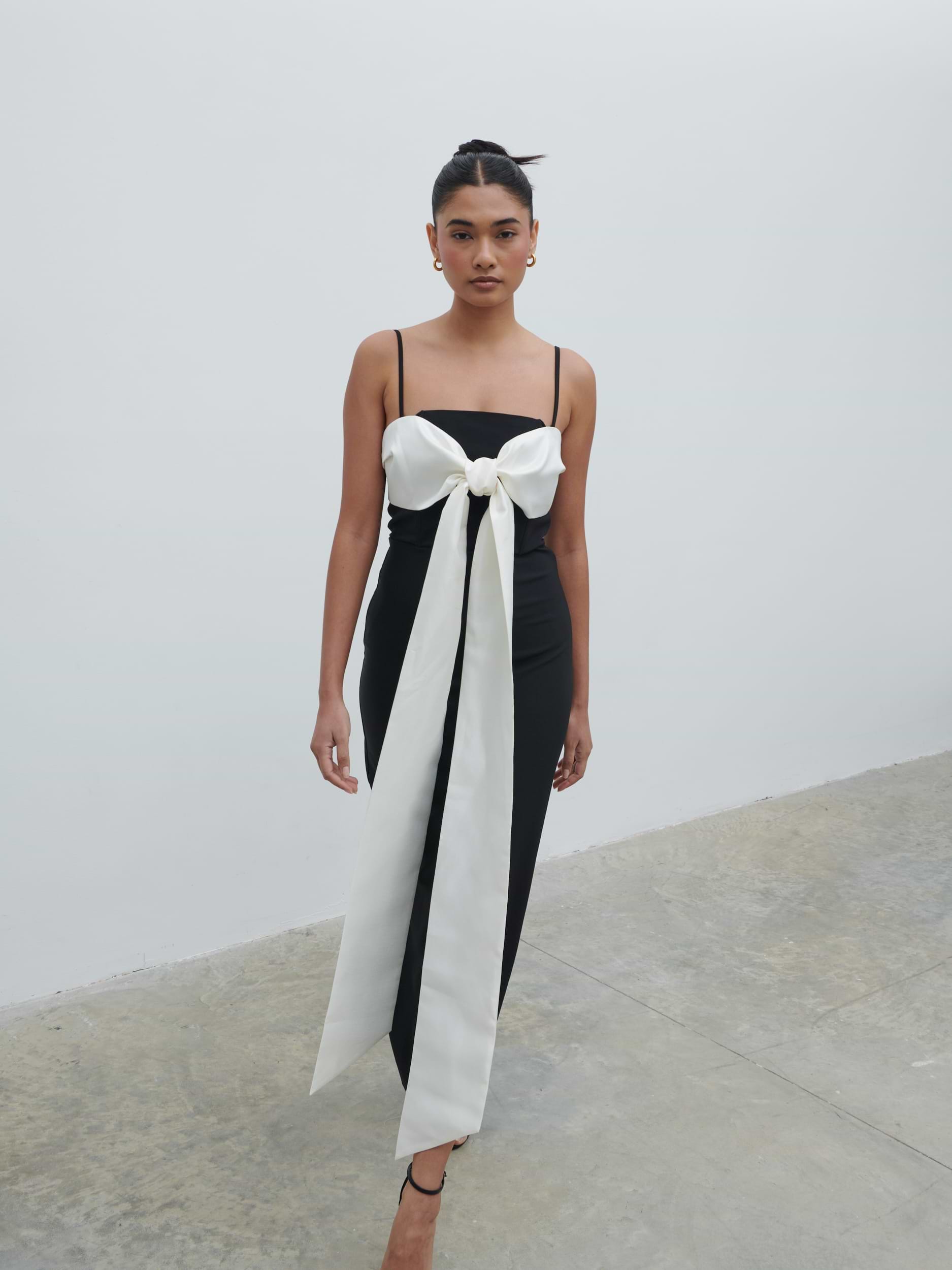 Carena Extreme Bow Midaxi Dress - Black and Cream