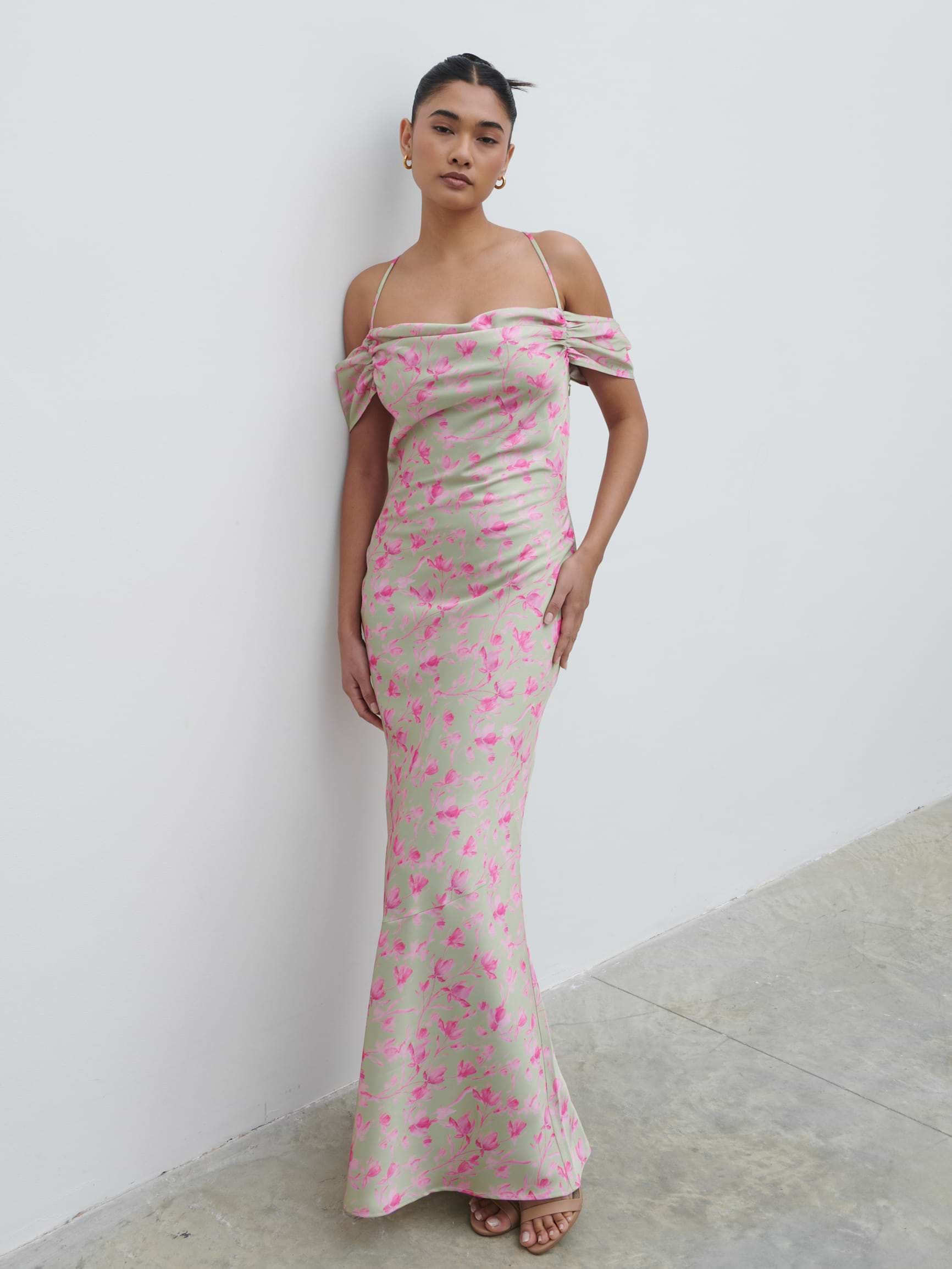 Daria Cowl Slip Maxi Dress - Olive and Fuchsia Petal Floral