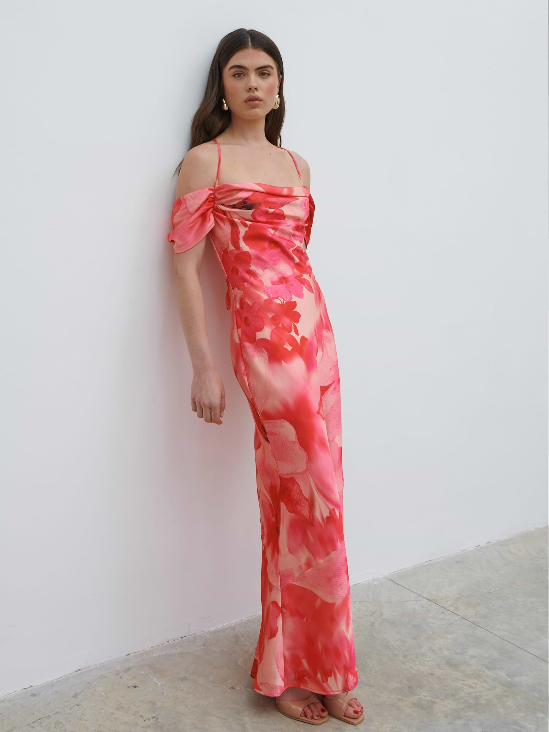 Daria Cowl Slip Maxi Dress - Pink Large Scale Floral