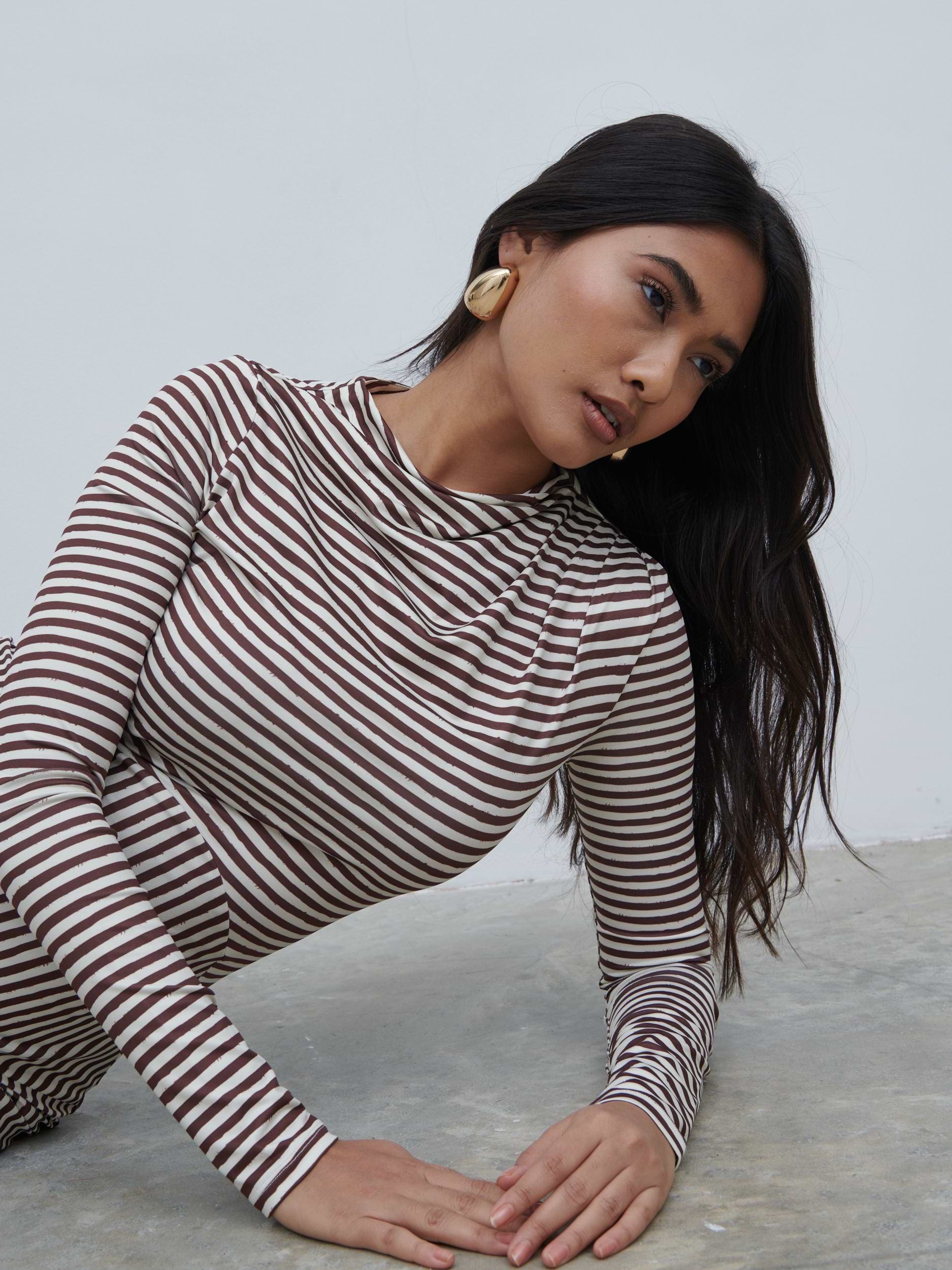 Delilah Asymmetric Jersey Maxi Dress - Brown and Cream Stripe
