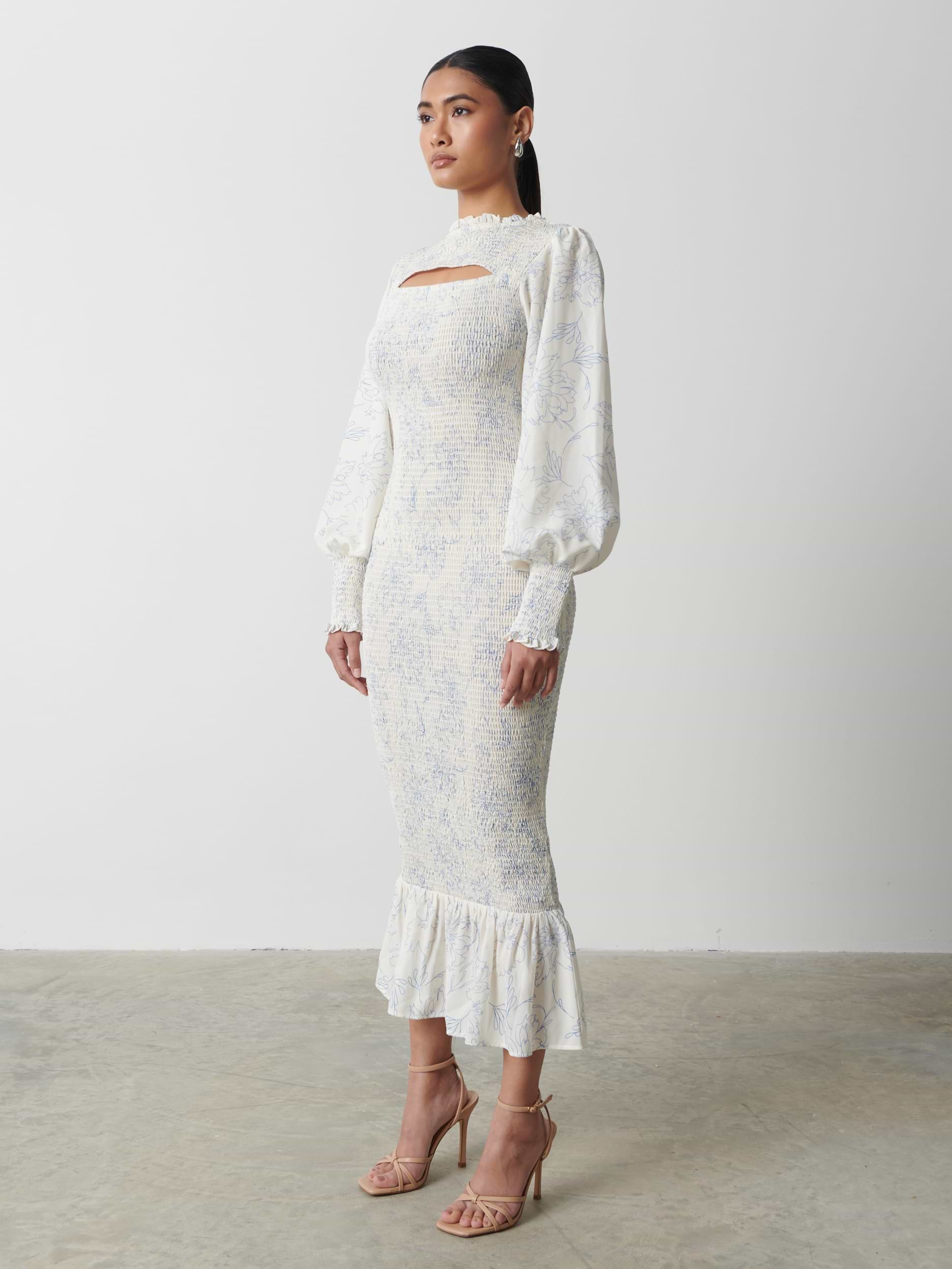 Elise Cut Out Shirred Printed Midaxi Dress - Peony Abstract Floral Print