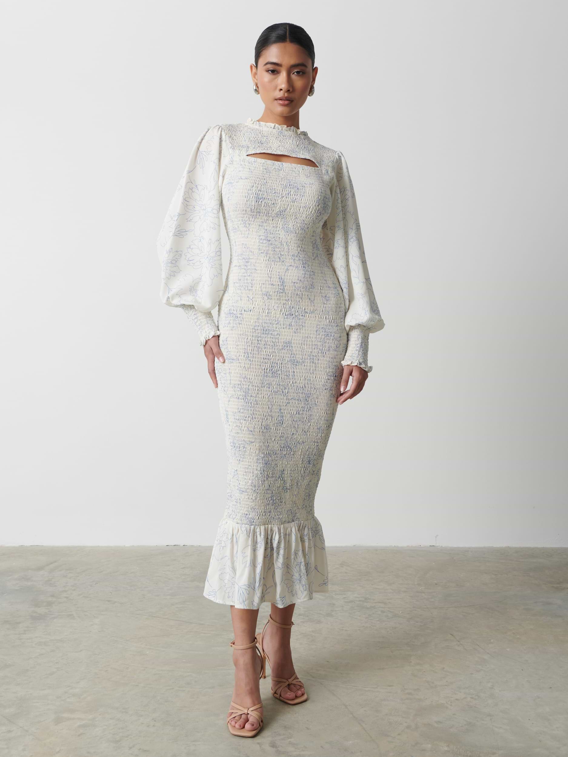 Elise Cut Out Shirred Printed Midaxi Dress - Peony Abstract Floral Print