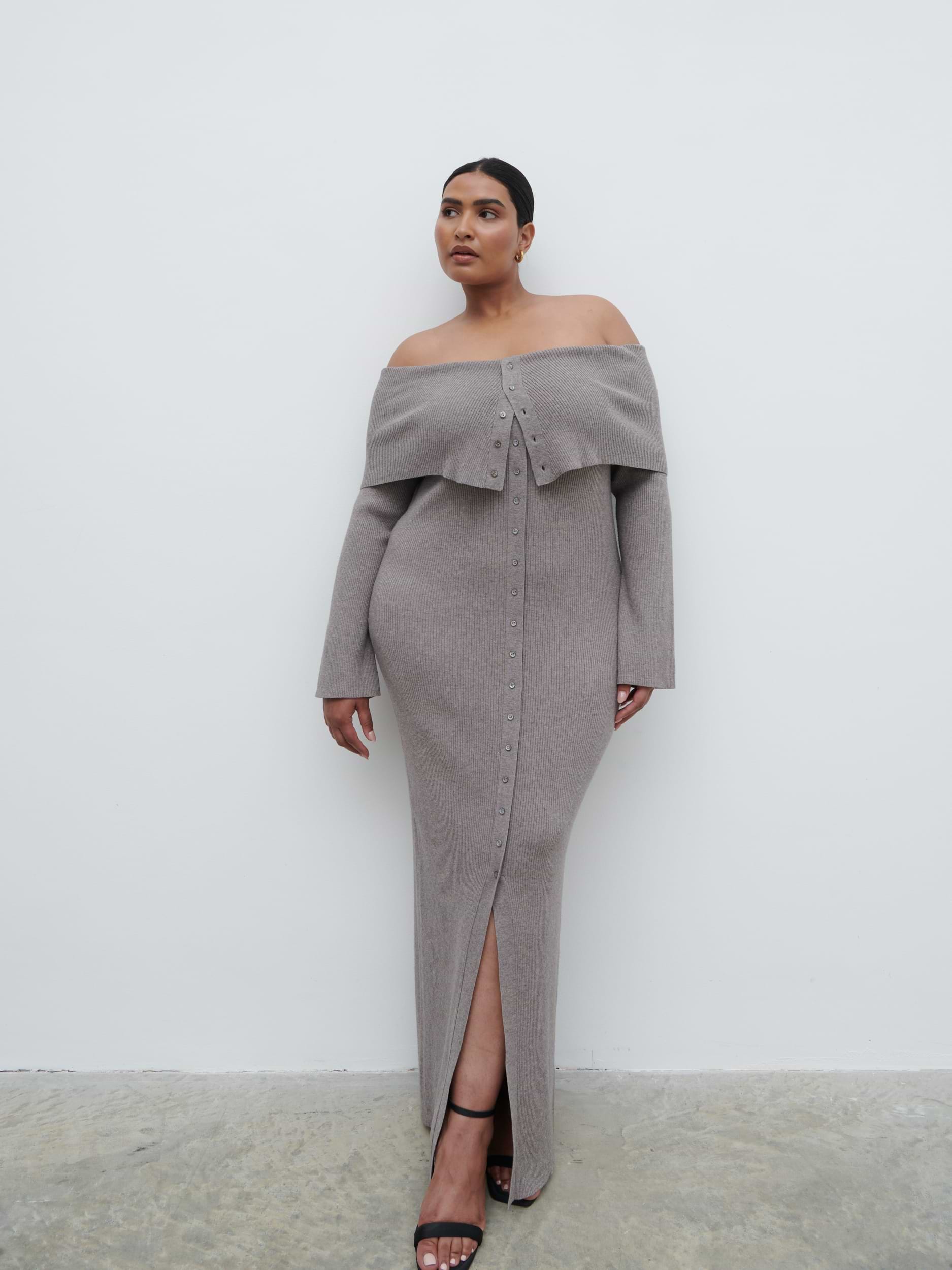 Elora Bardot Knit Maxi Dress Curve - Mink