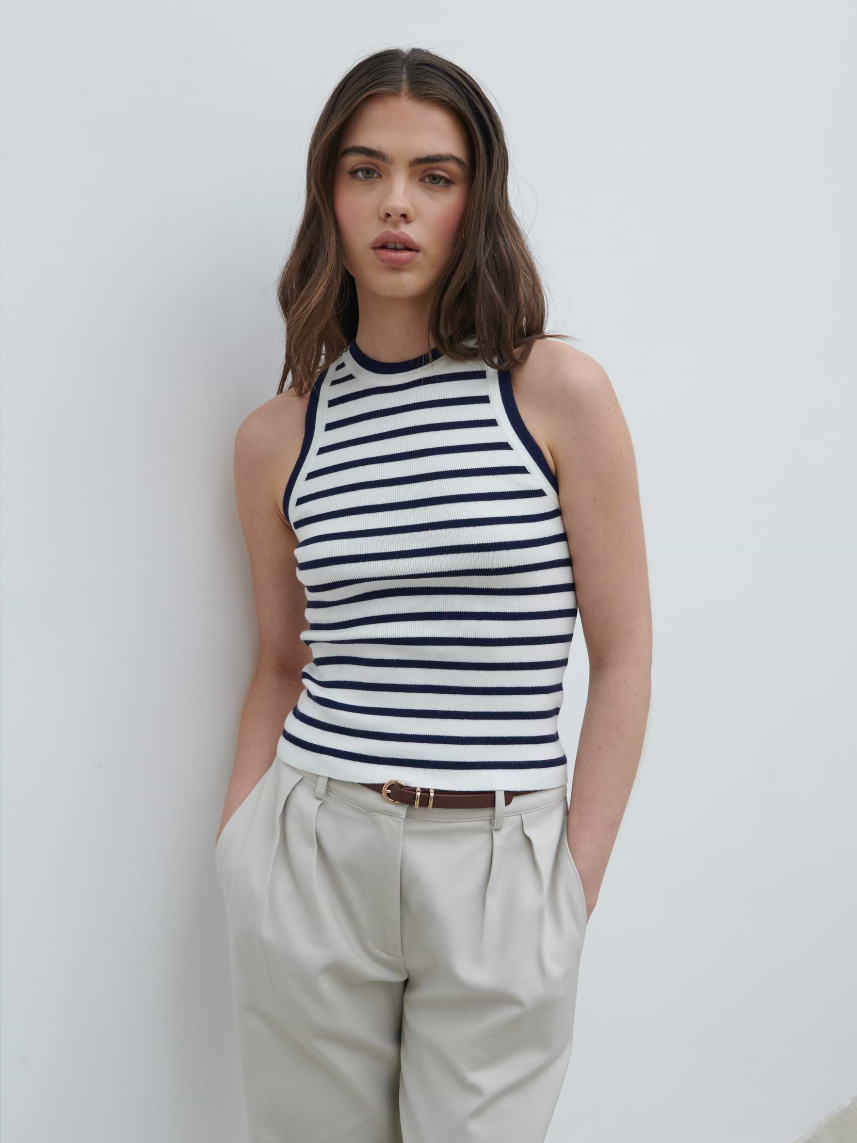 Ferne Stripe Knit Racer Top - Navy and Cream Stripe