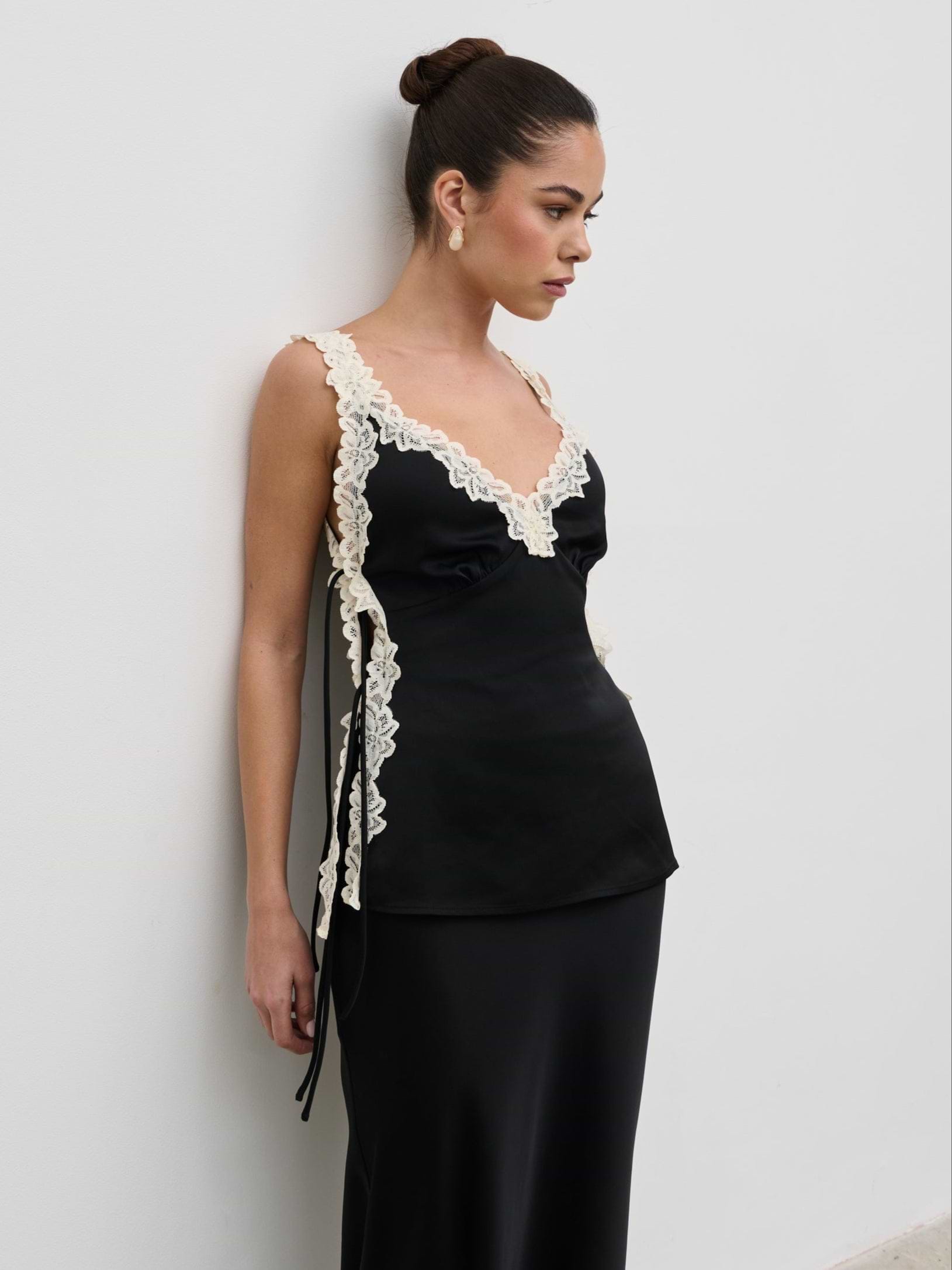 Franca Lace Insert Satin Cami Top - Black and Cream