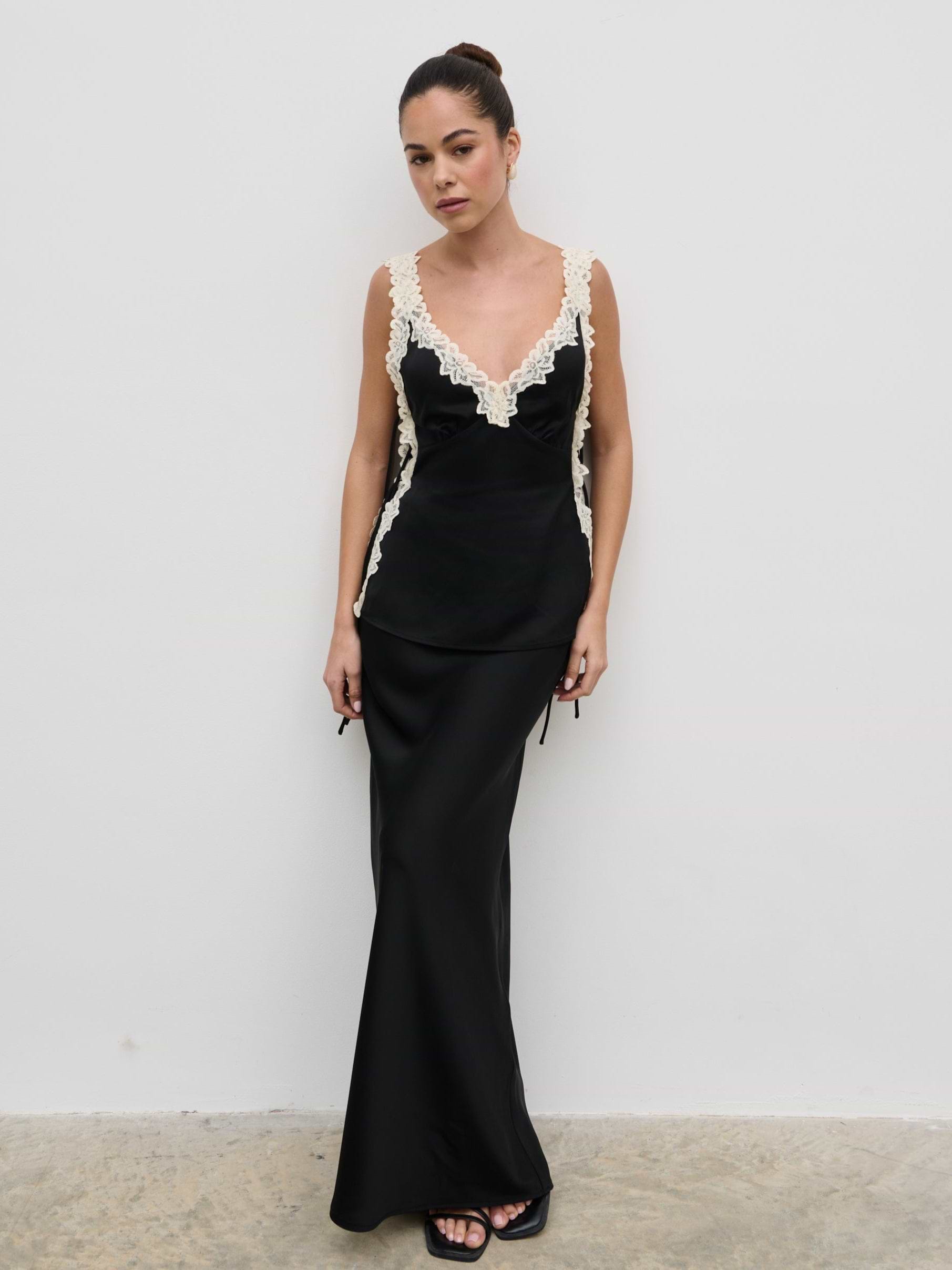 Franca Lace Insert Satin Cami Top - Black and Cream
