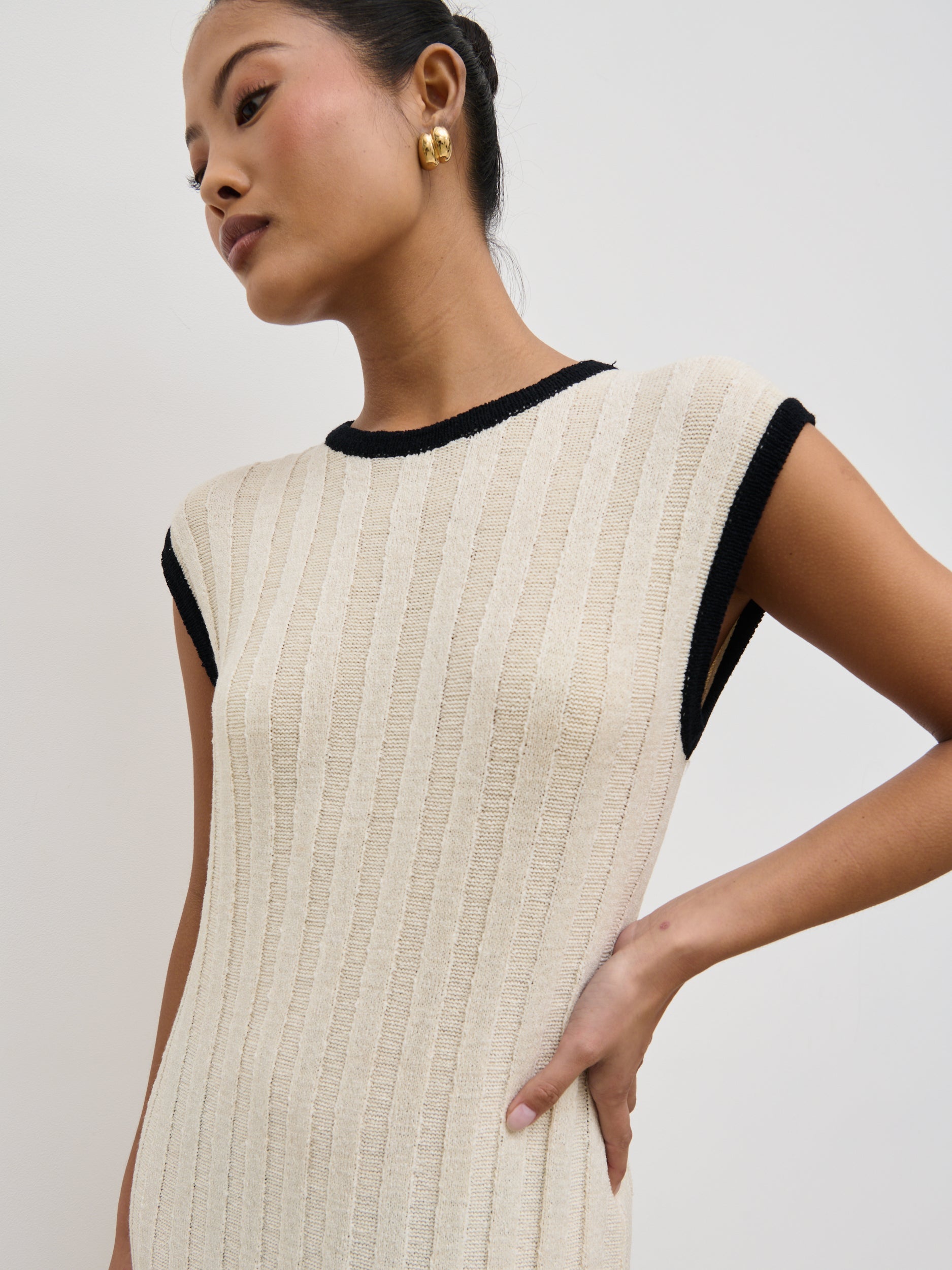 Harrie Contrast Wide Rib Knit Midaxi Dress - Cream and Black