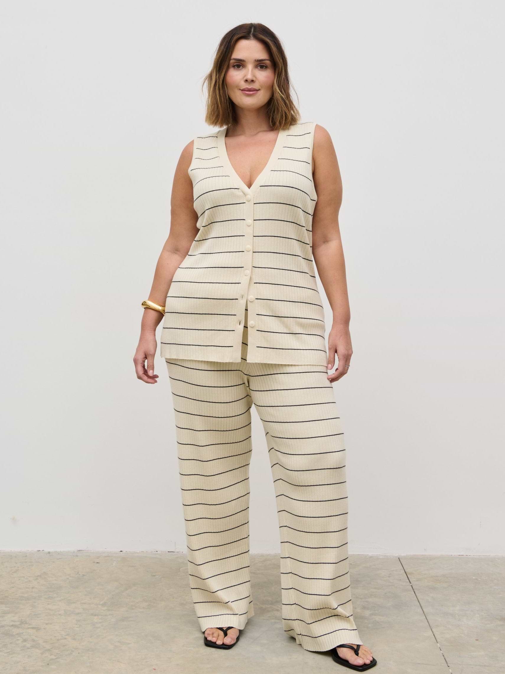 Hattie Stripe Knit Waistcoat Curve - Cream and Black