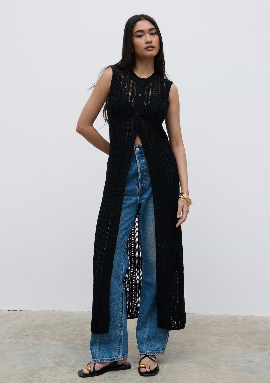 Helen Longline Open Knit Cardigan - Black