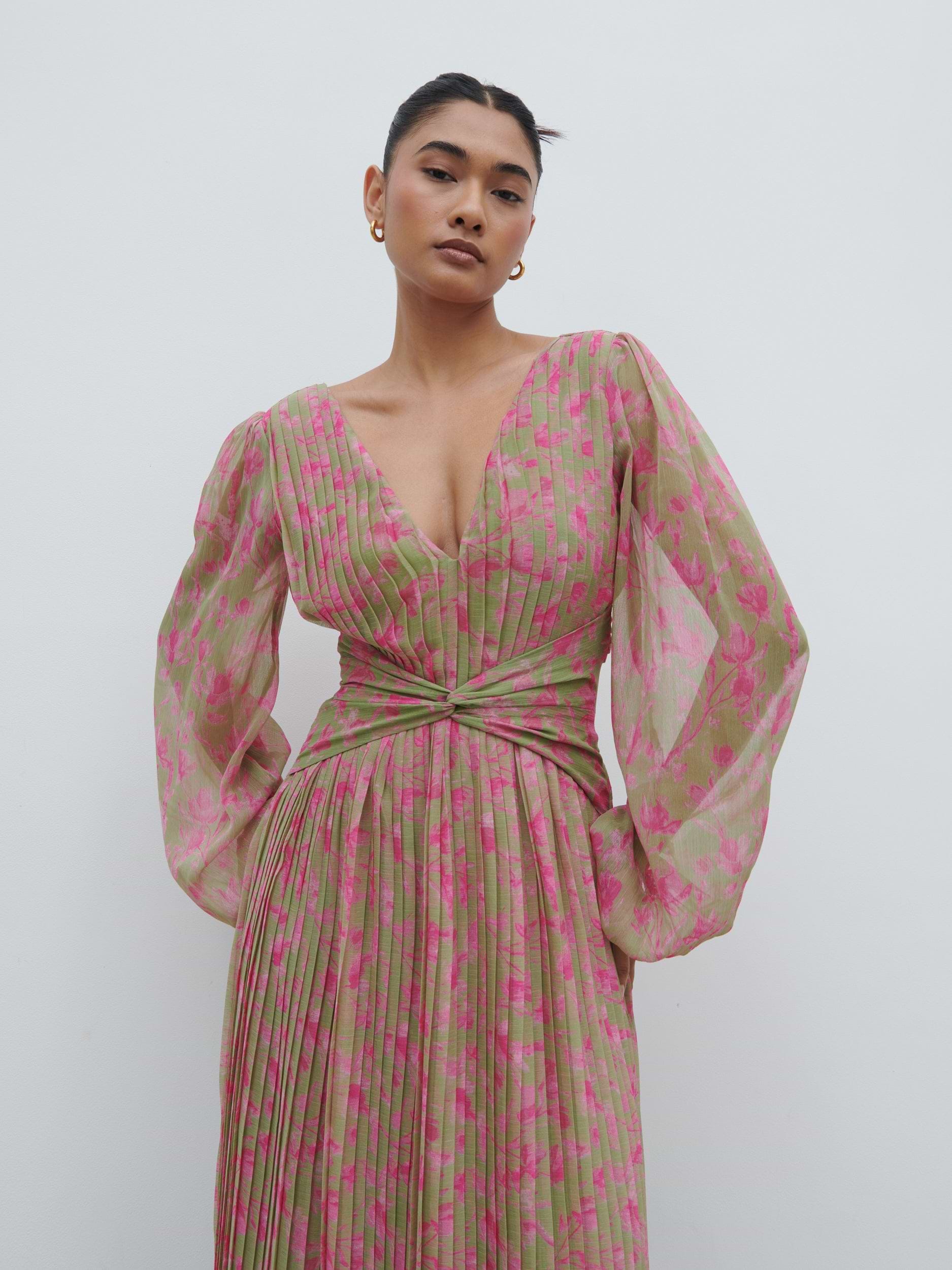 Jade Pleated Maxi Dress - Olive and Fuchsia Petal Floral