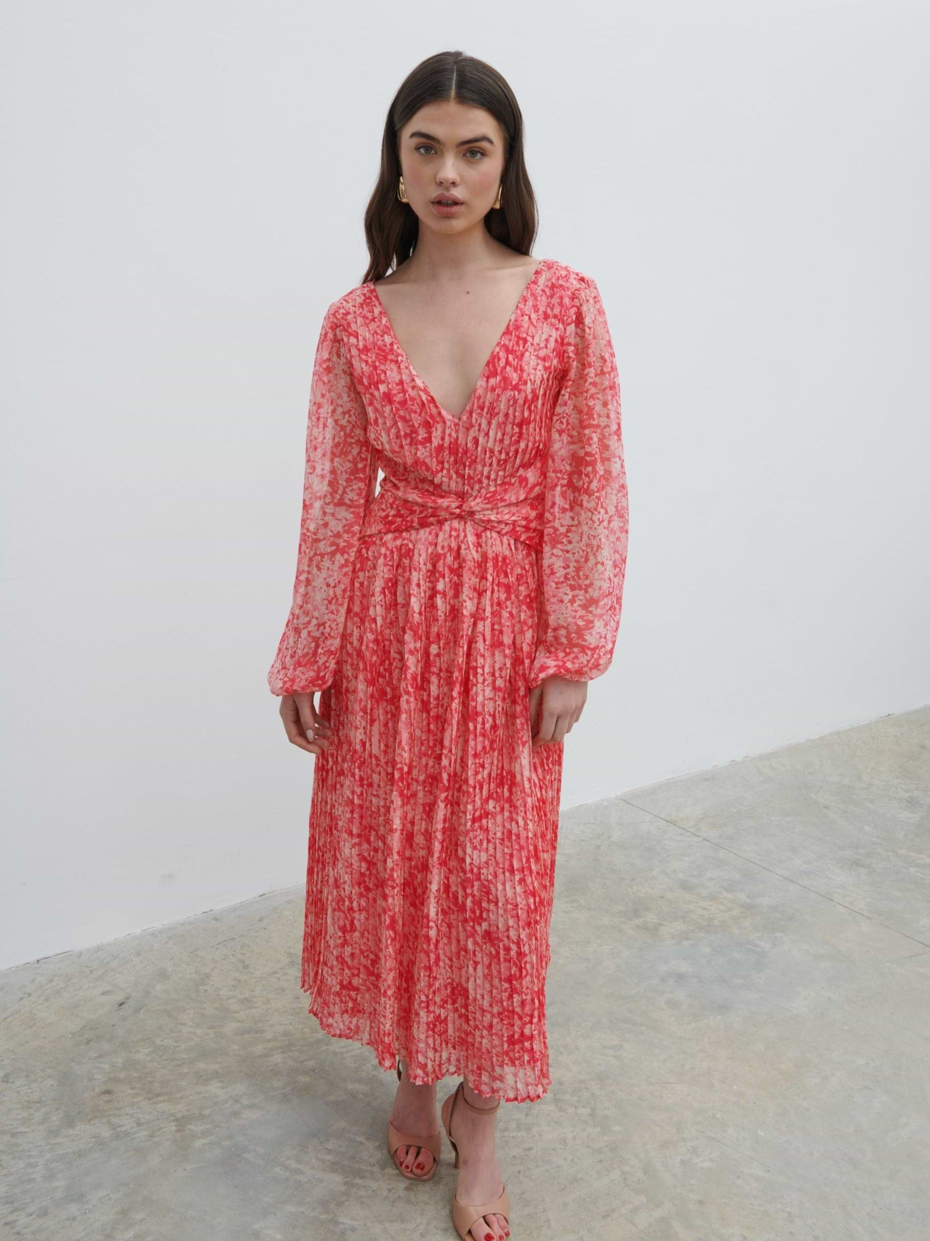 Jade Pleated Midaxi Dress - Pink Multi Abstract Print
