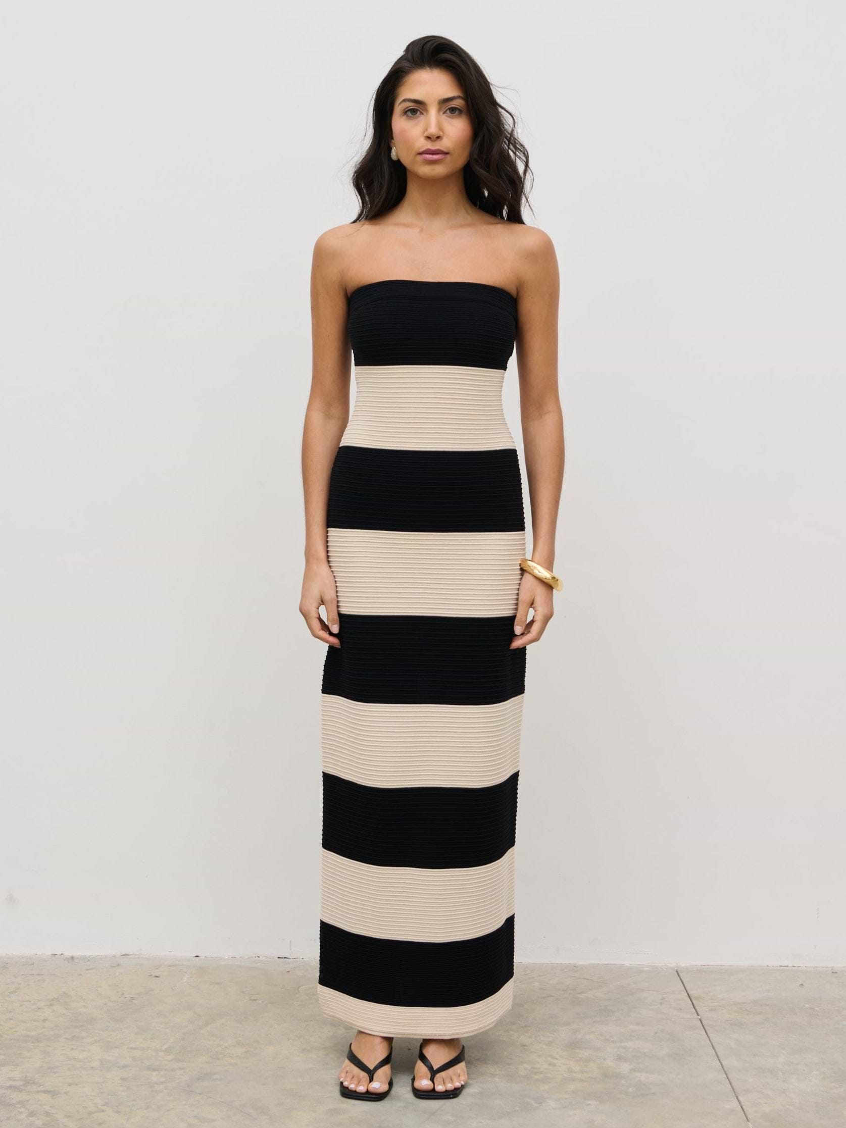 Jamie Bandeau Stripe Crotchet Knit Maxi Dress - Black and Cream