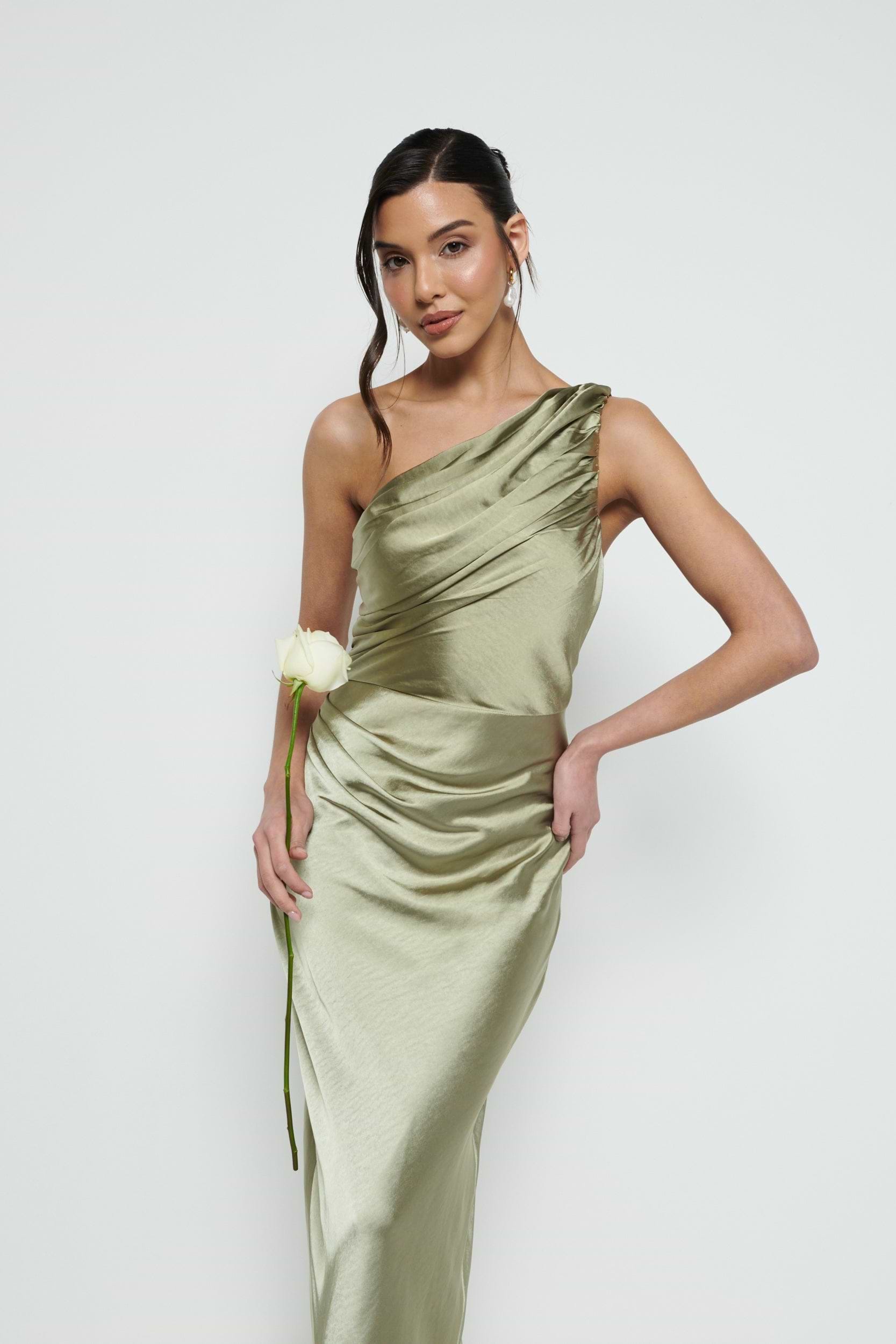 Juliet Ruched Maxi Bridesmaid Dress - Matte Olive