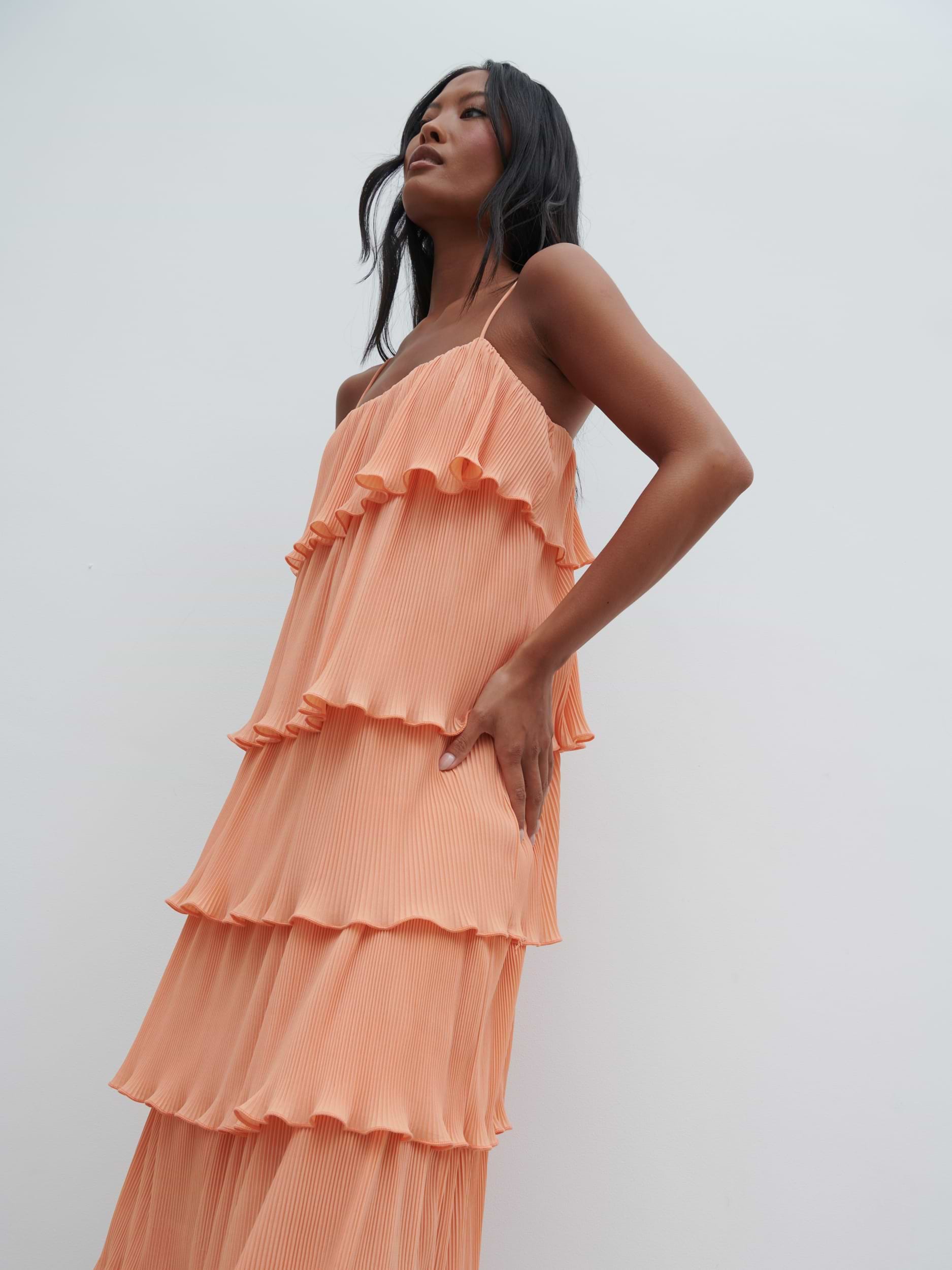 Kaelie Ruffle Plisse Maxi Dress - Apricot