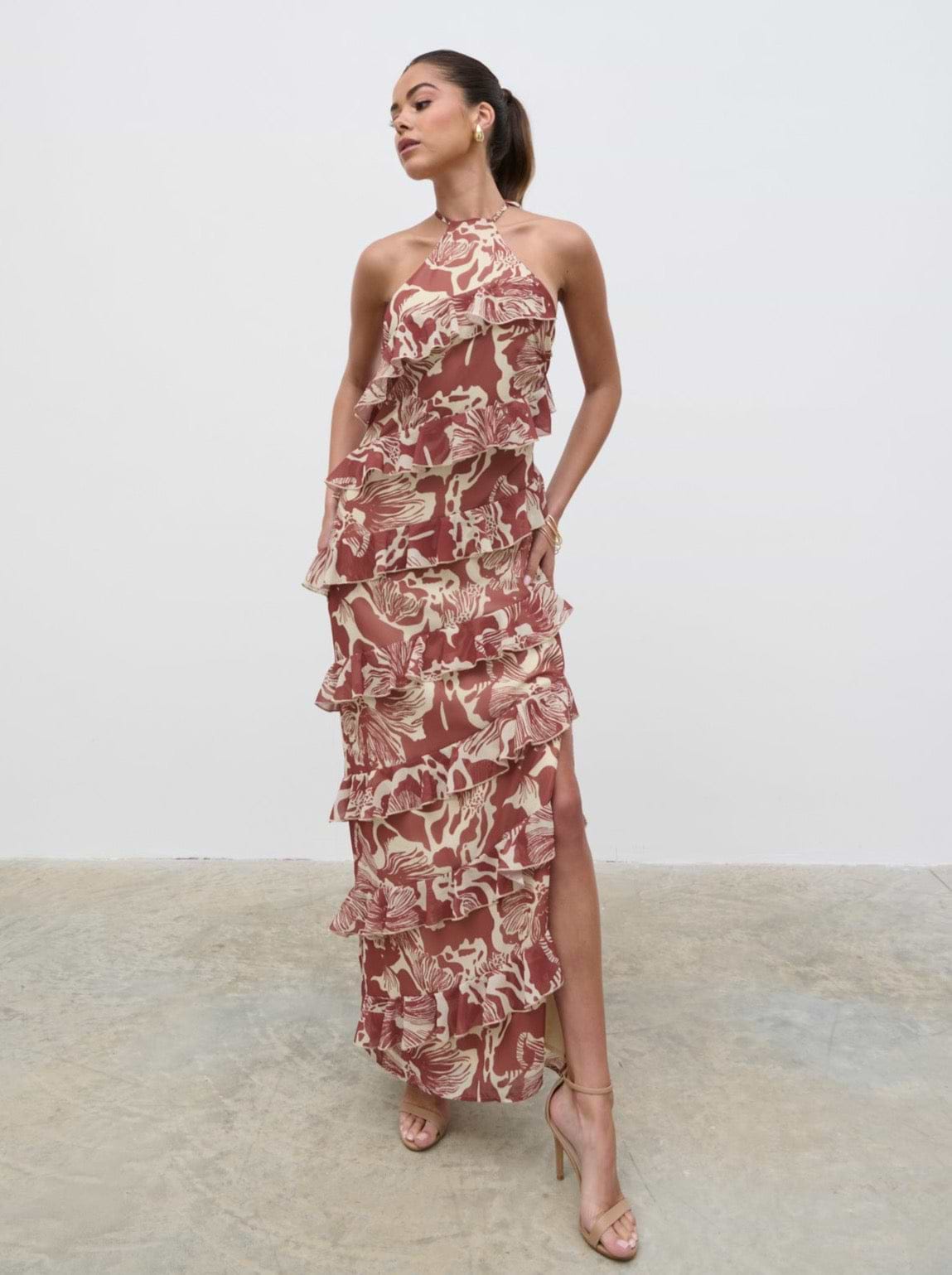 Katy Ruffle Maxi Dress - Brown Floral