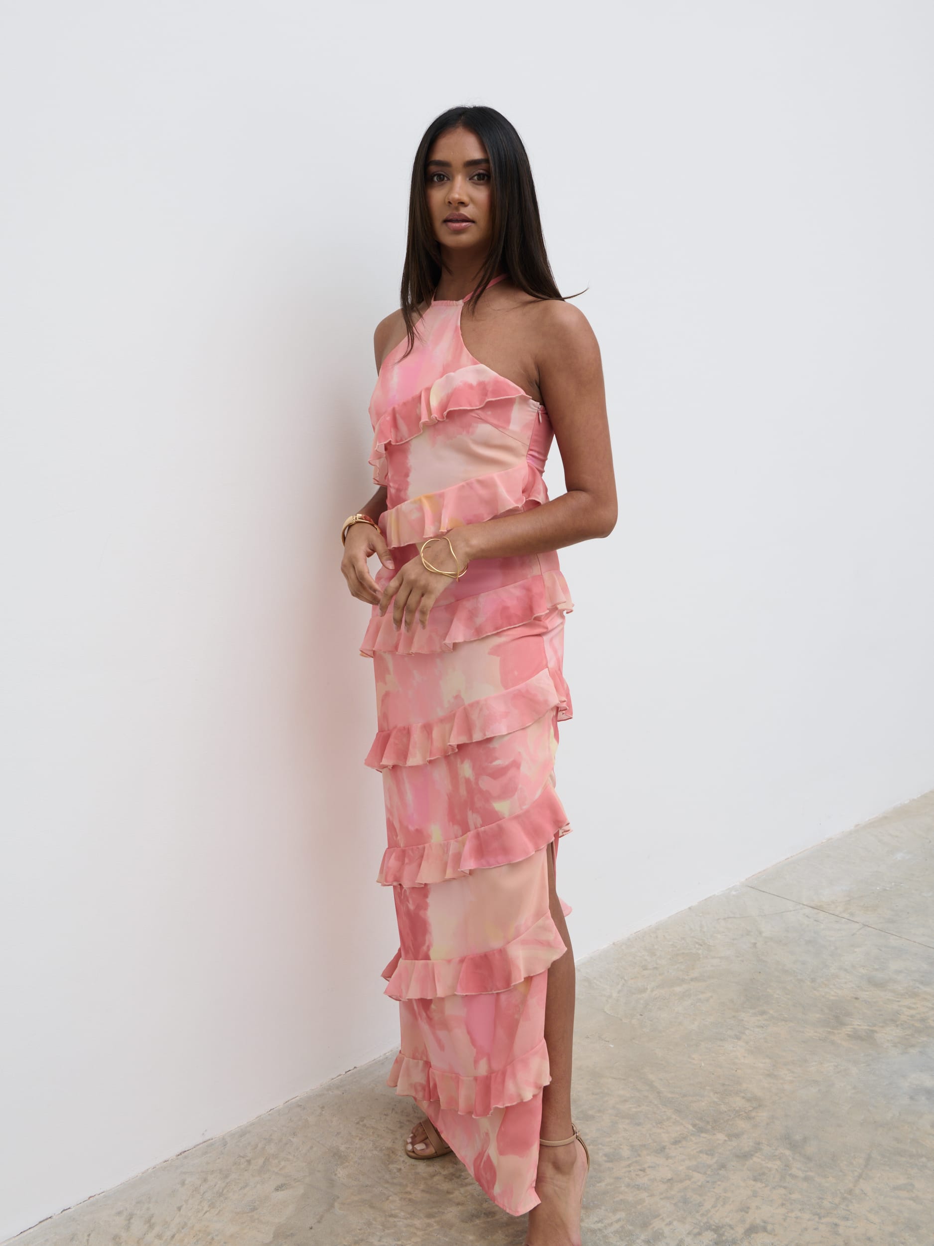 Katy Ruffle Maxi Dress - Dusky Rose Watercolour