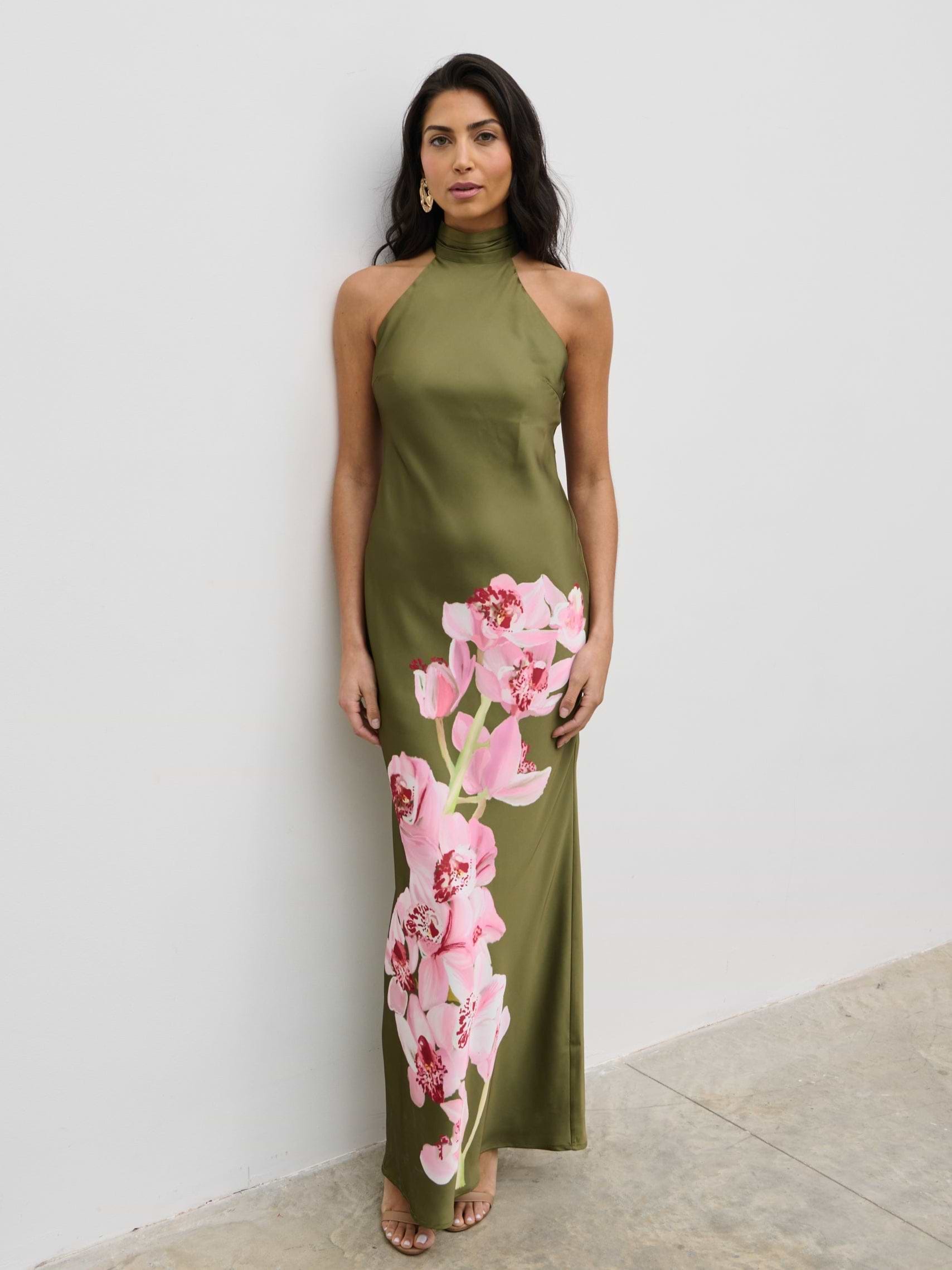 Kiara Halterneck Maxi Dress - Olive and Pink Floral