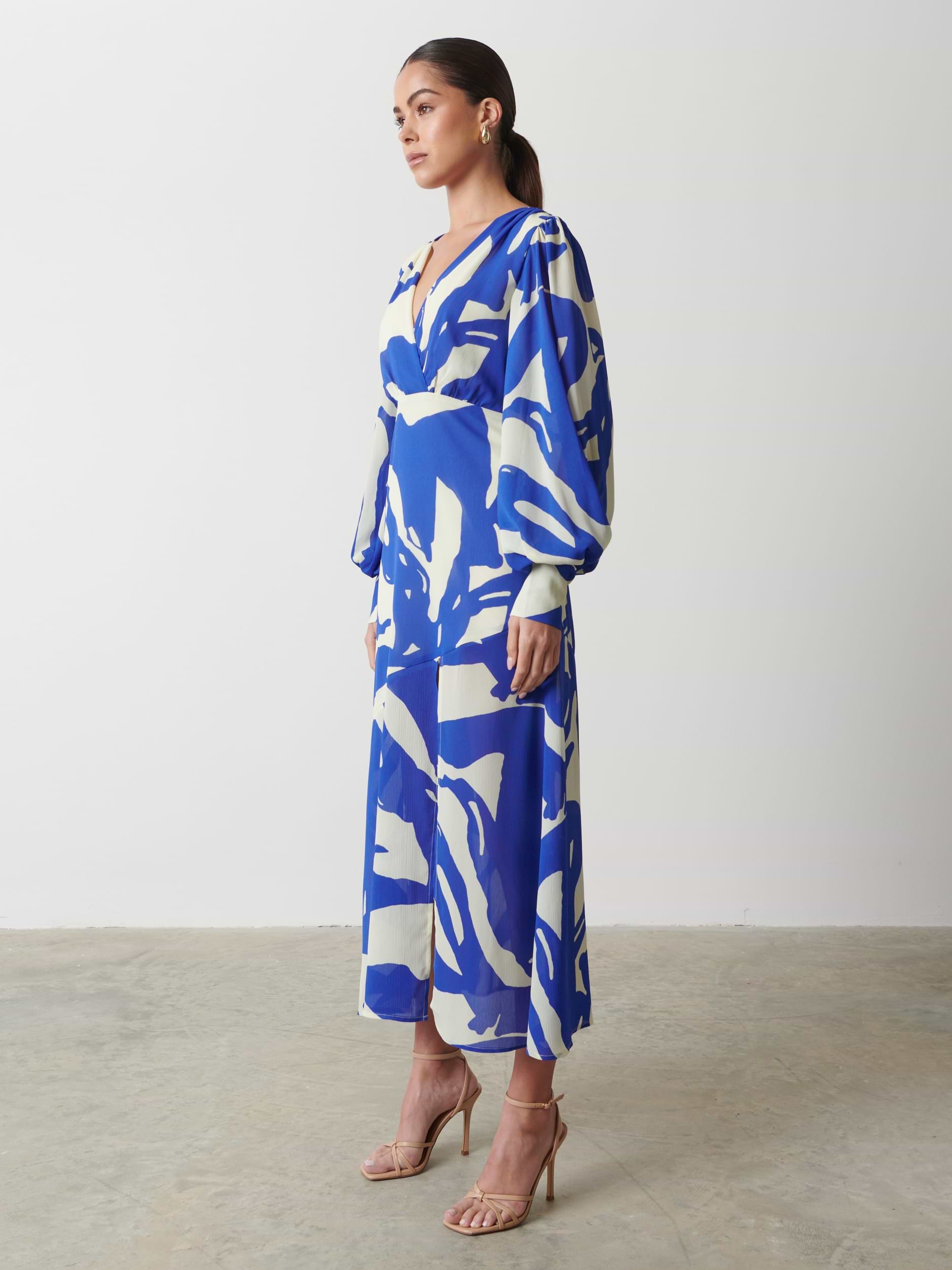 Lilianna Backless Balloon Sleeve Printed Dress - Blue Abstract