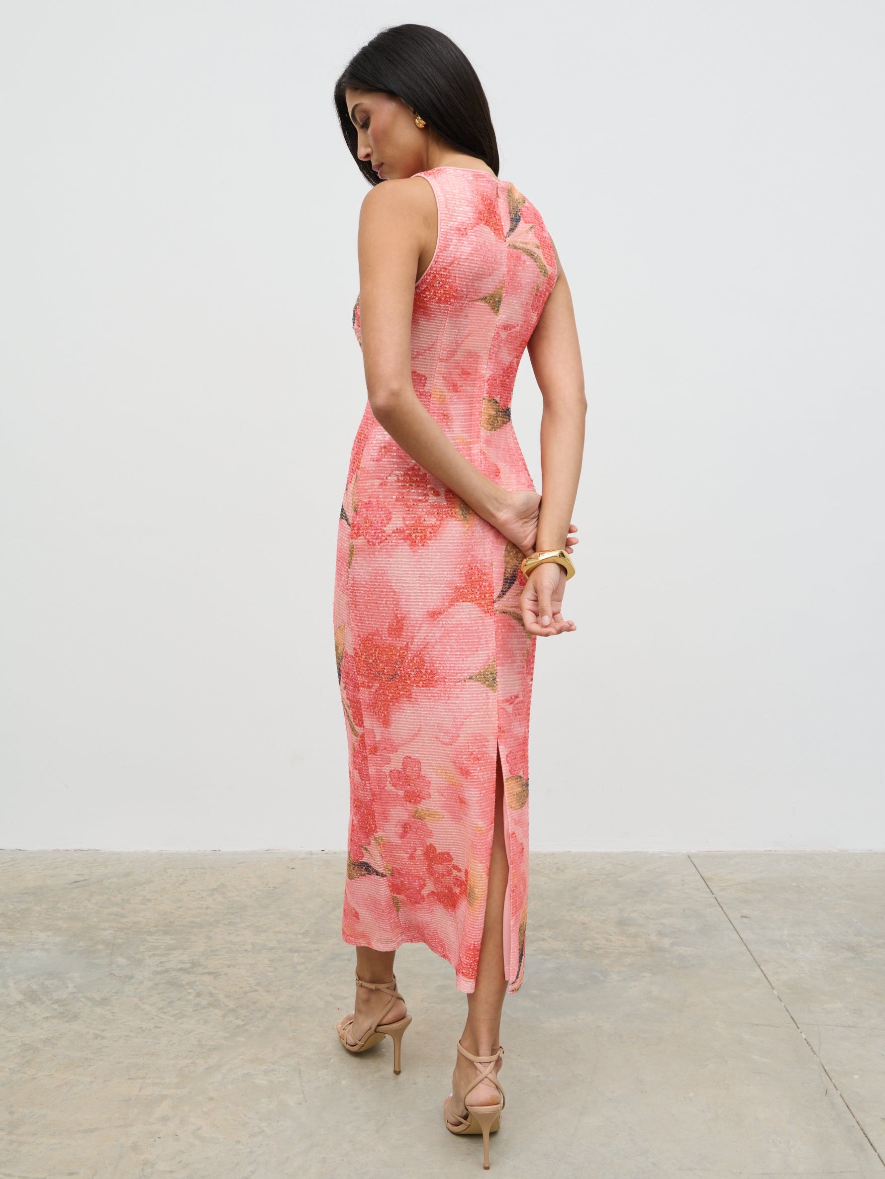 Lilou Printed Sequin Midaxi Dress - Orange Large Scale Floral