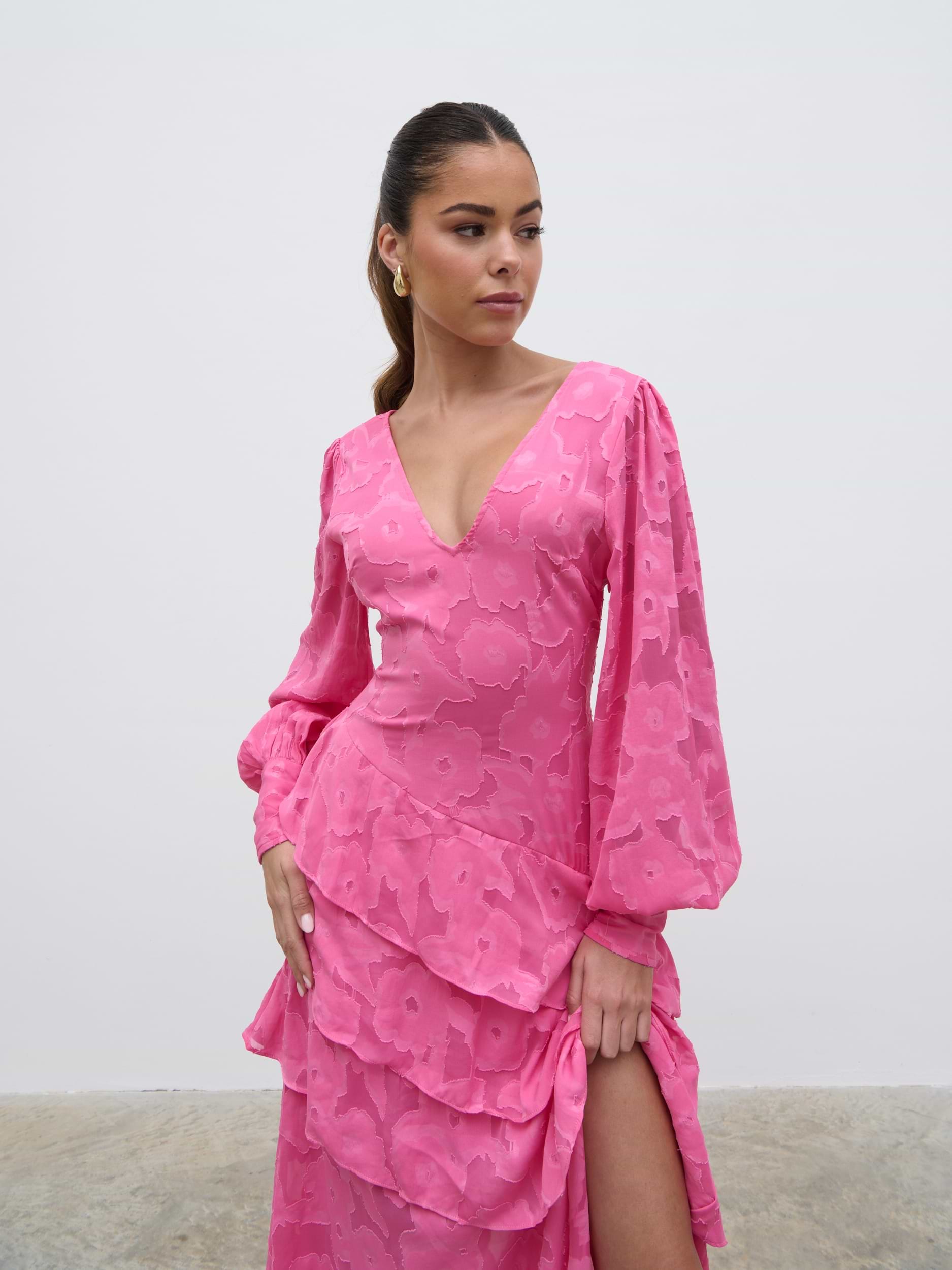 Lois Cross Back Jaquard Maxi Dress - Fuchsia