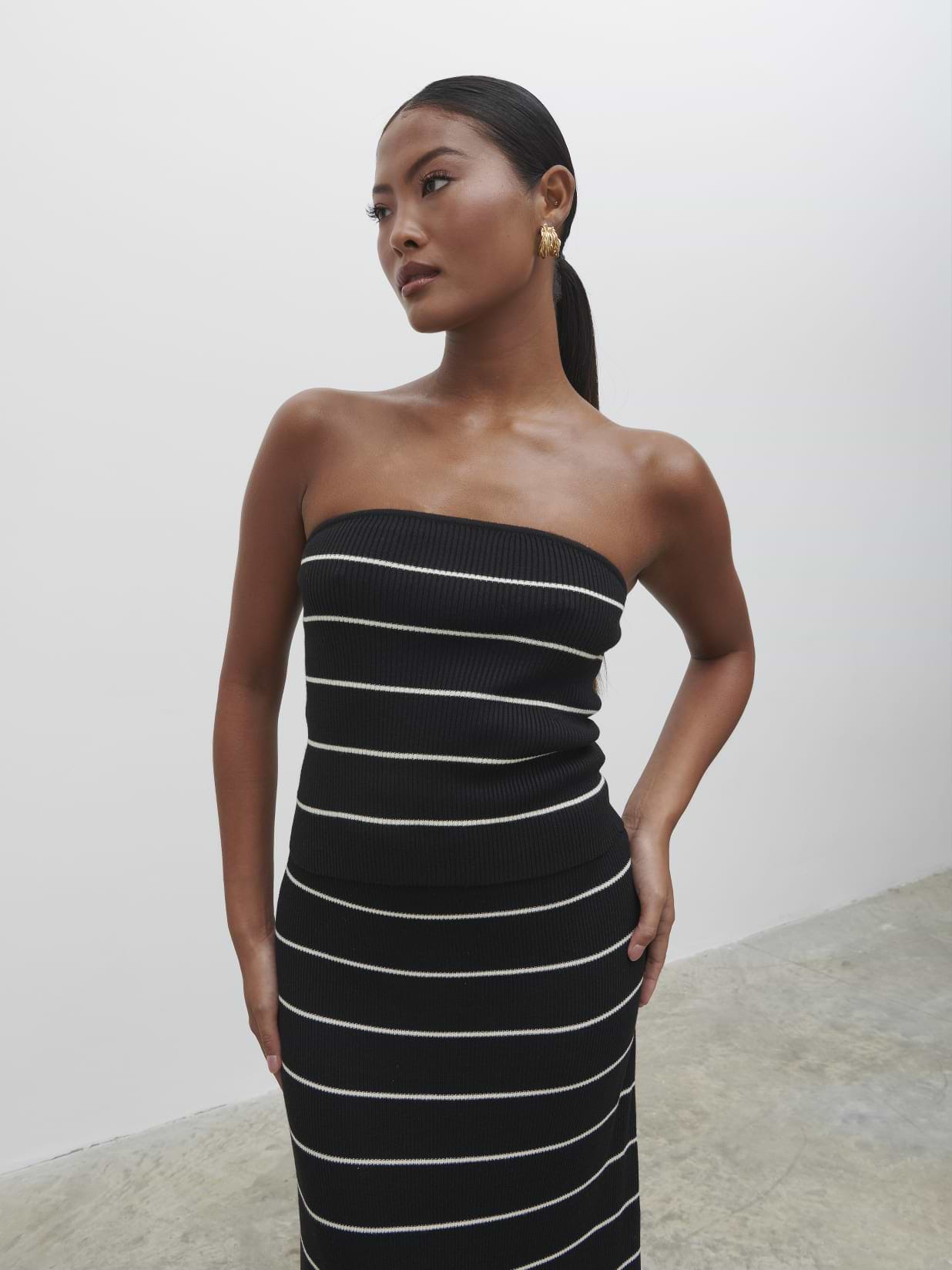 Louisa Stripe Bandeau Knit Top - Black and Cream