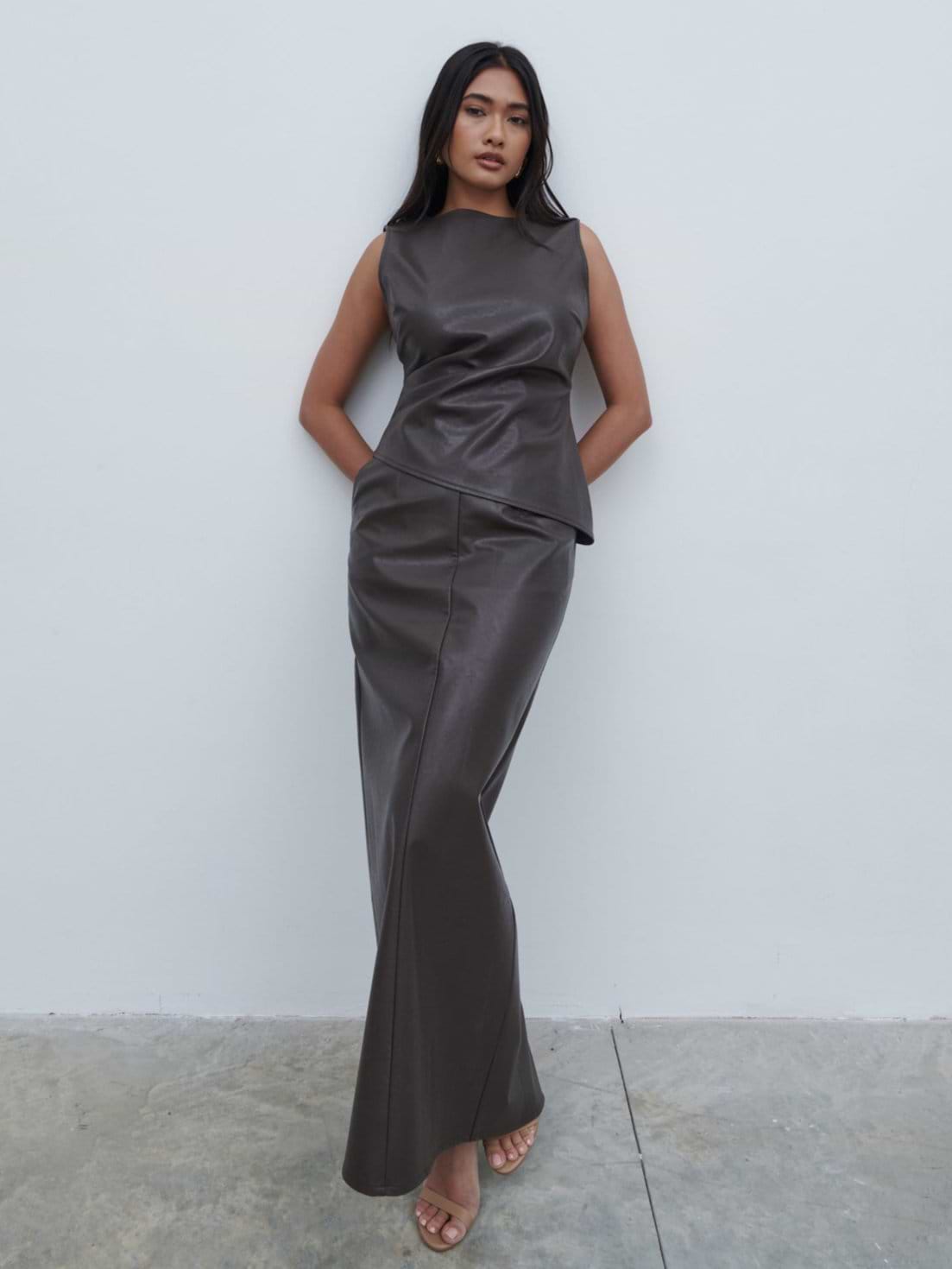 Maeve Faux Leather Maxi Skirt - Dark Chocolate Brown
