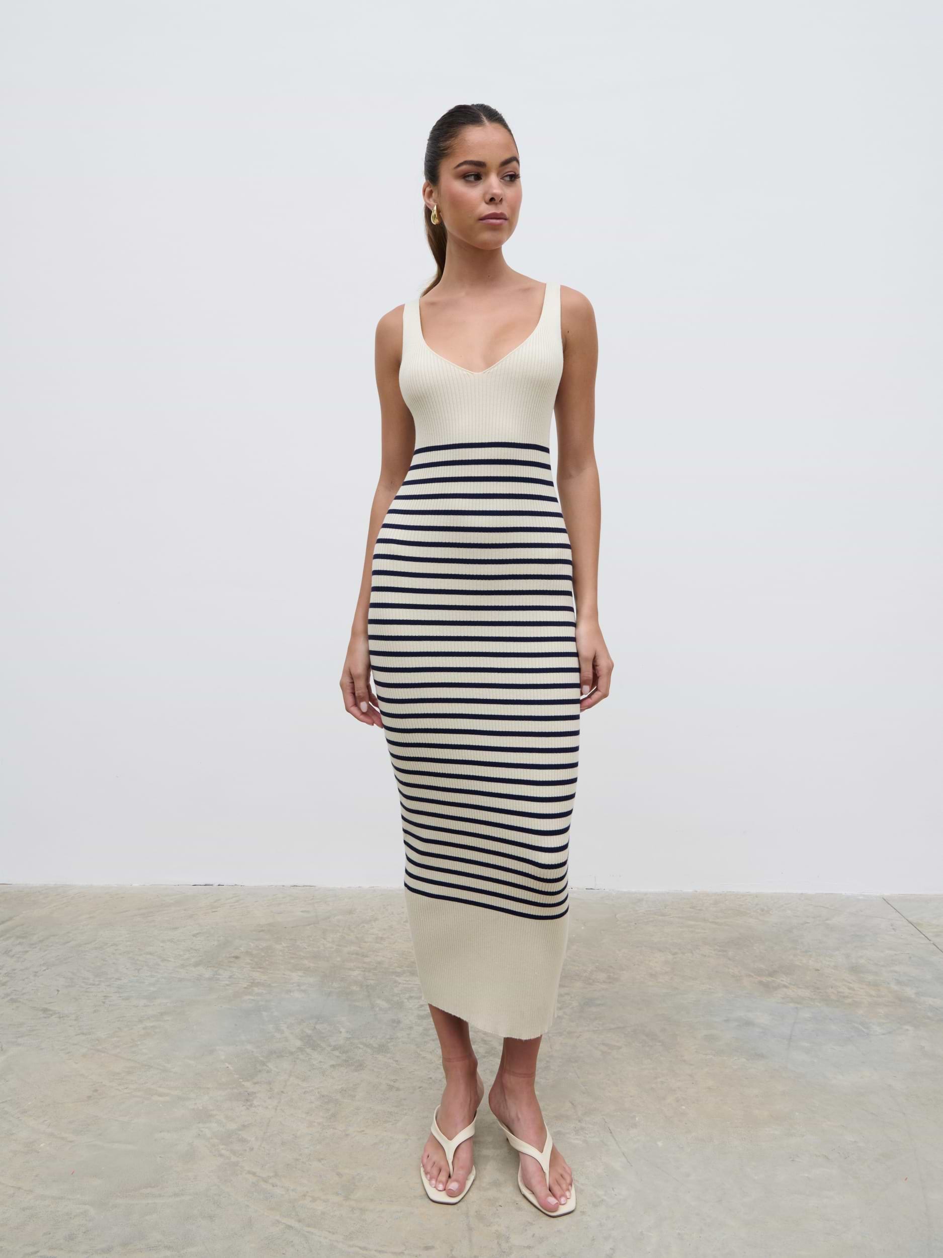 Maria Stripe Knit Midaxi Dress - Cream and Navy