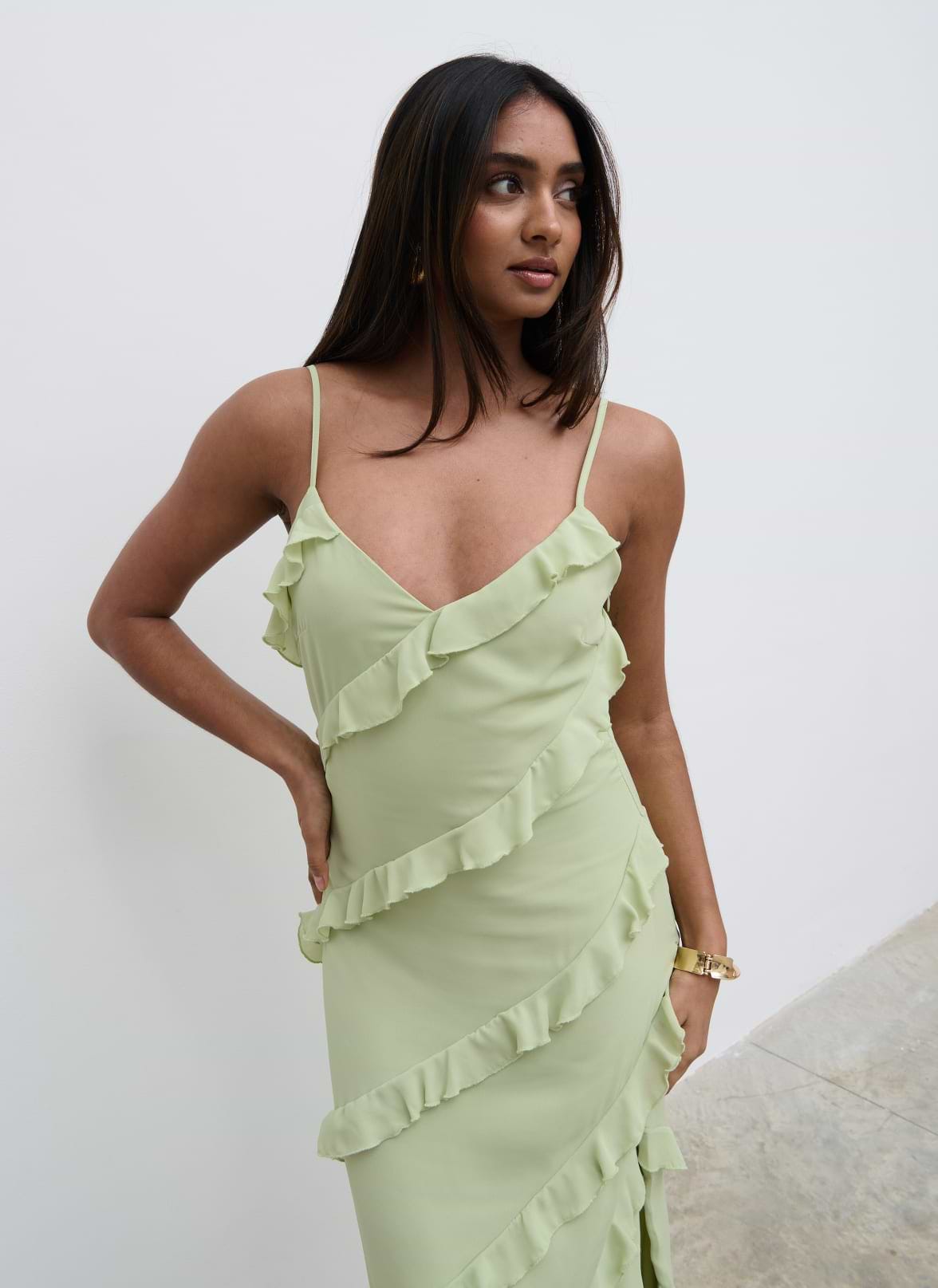 Nadine Ruffle Maxi Dress - Pistachio