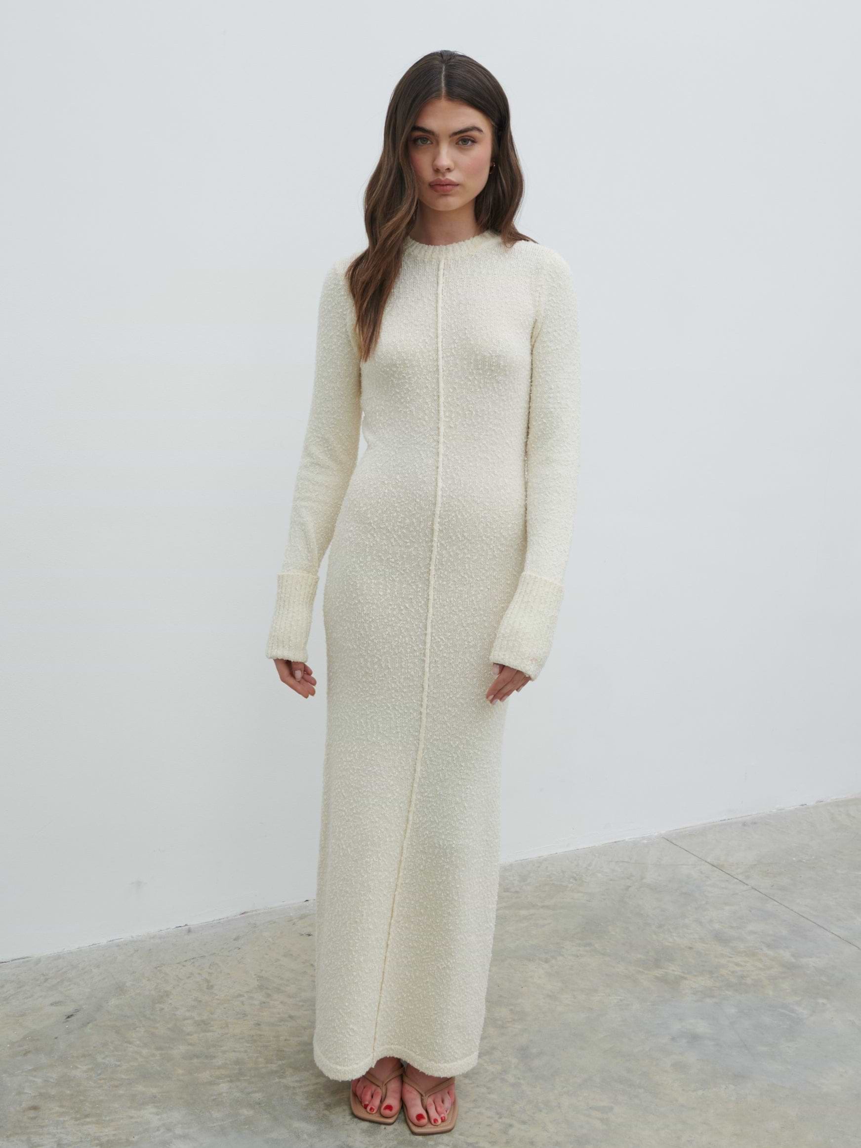 Nala Boucle Exposed Seam Knit Midaxi Dress - Cream