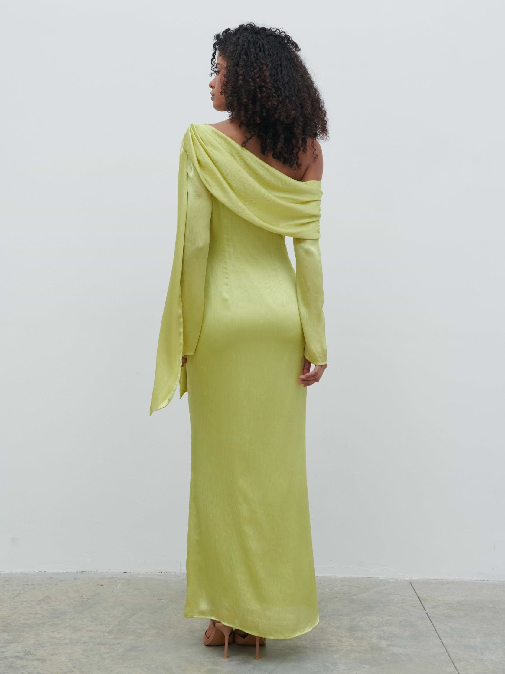 Neomie One Shoulder Tie Chiffon Maxi Dress - Chartreuse
