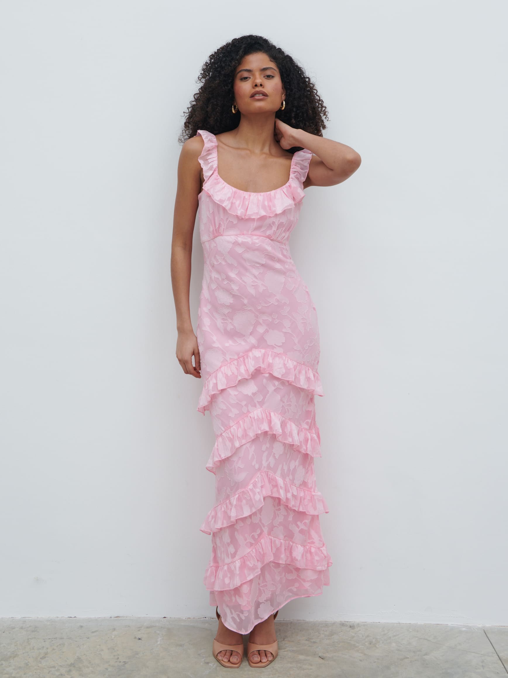 Novie Ruffle Jacquard Maxi Dress - Posie Pink