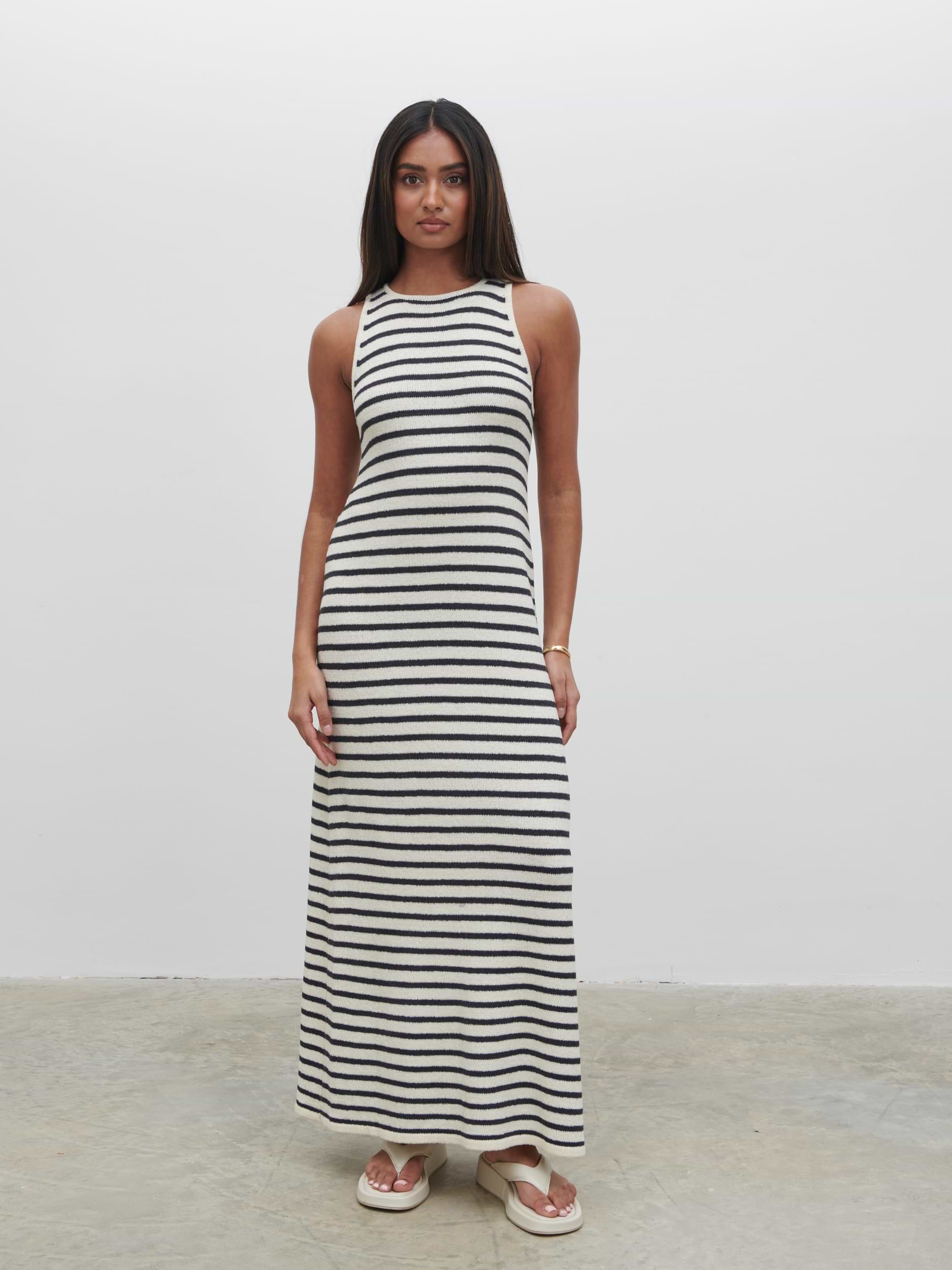 Ocean Stripe Knit Midaxi Dress - Cream and Navy
