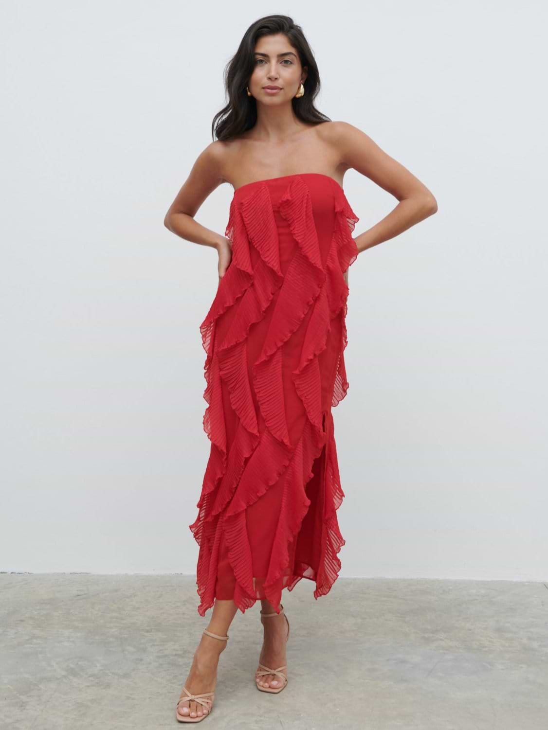 Perla Bandeau Ruffle Midaxi Dress - Red