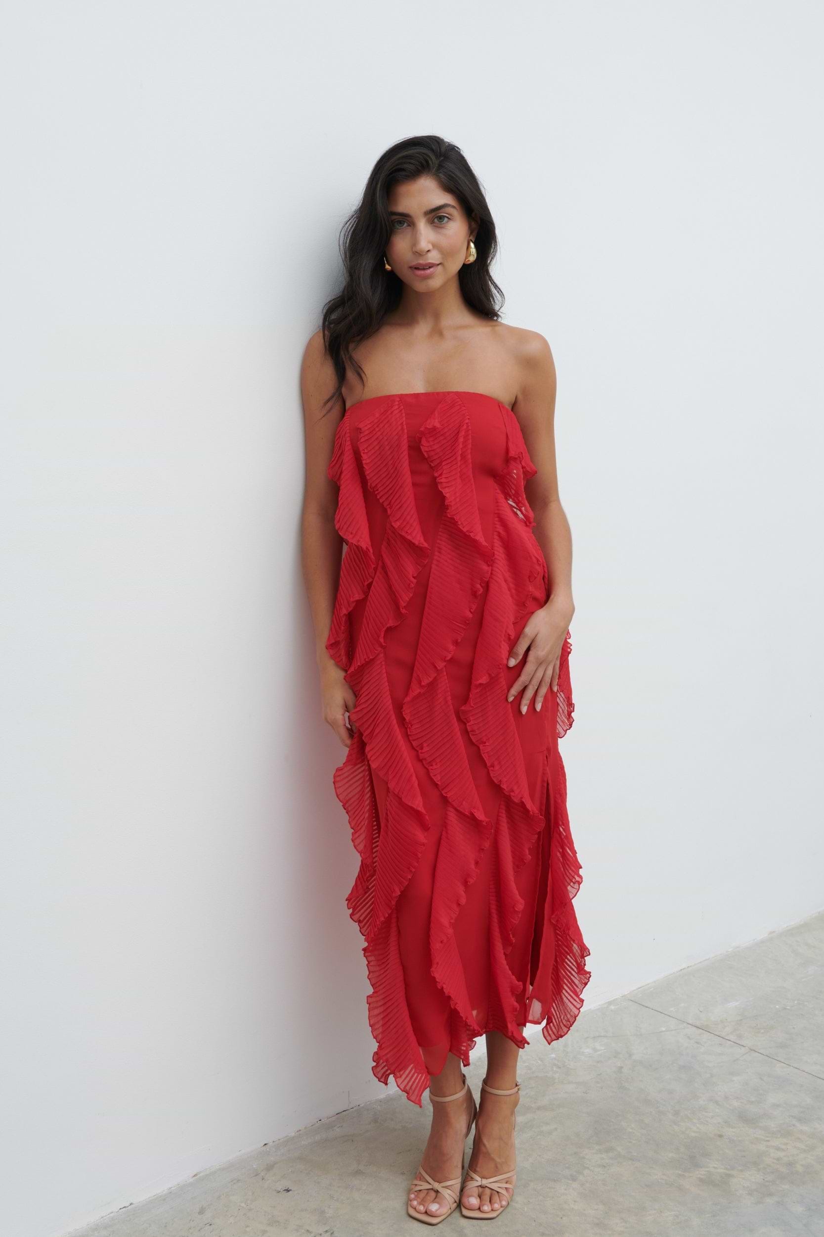 Perla Bandeau Ruffle Midaxi Dress - Red