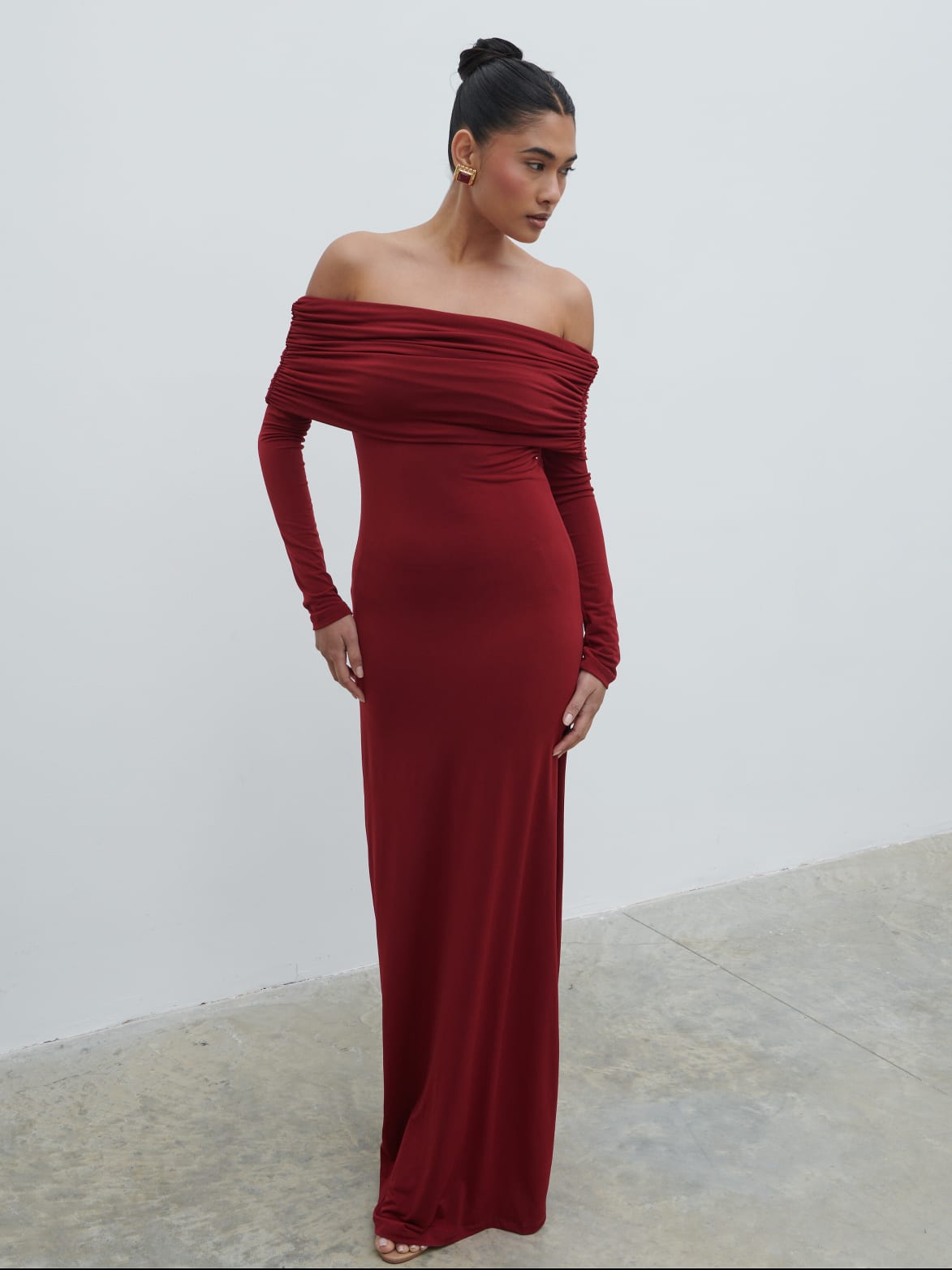 Perrie Bardot Jersey Maxi Dress - Burgundy