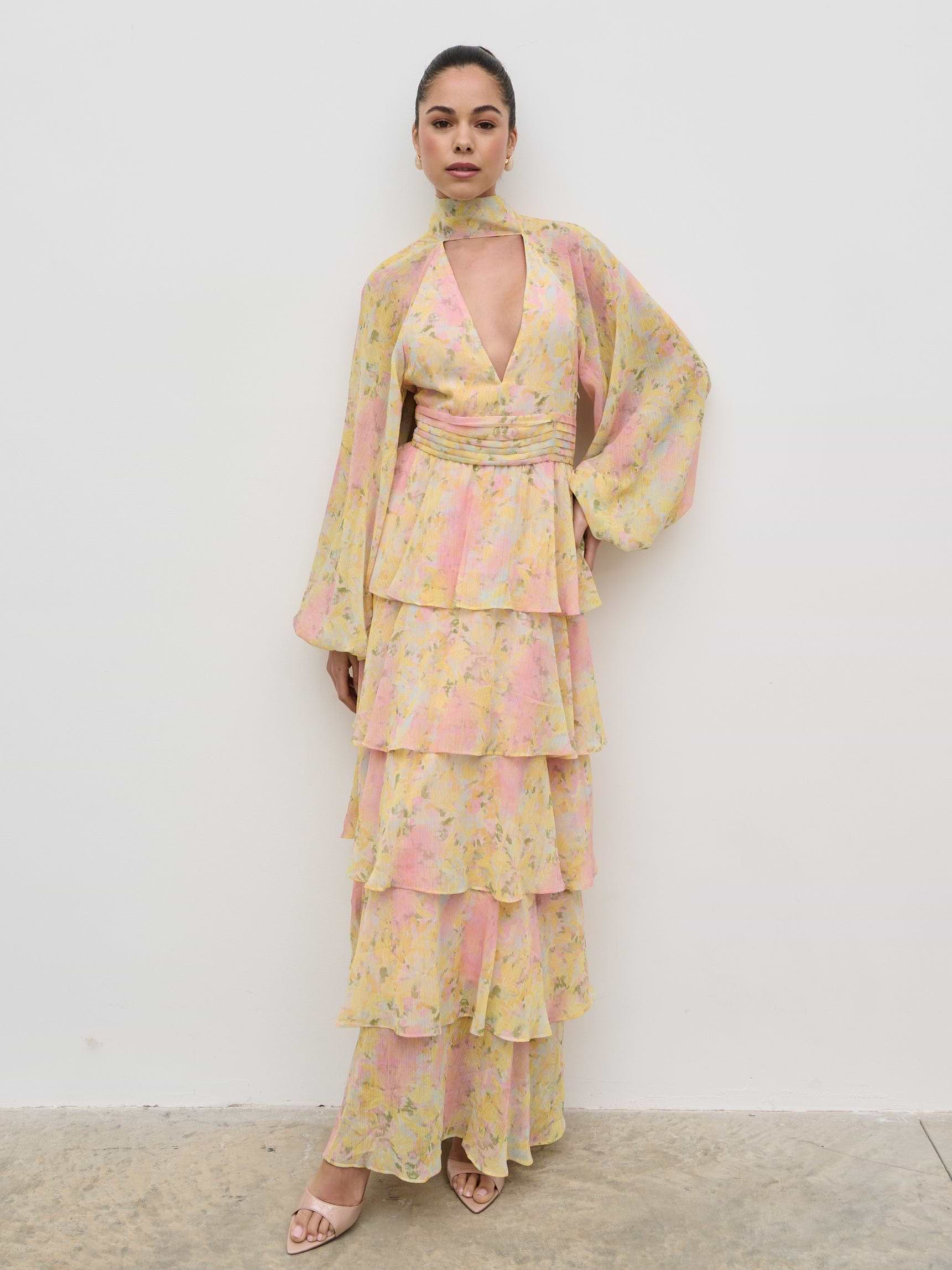 Anya Ruffle Maxi Dress - Pastel Multi Abstract Print