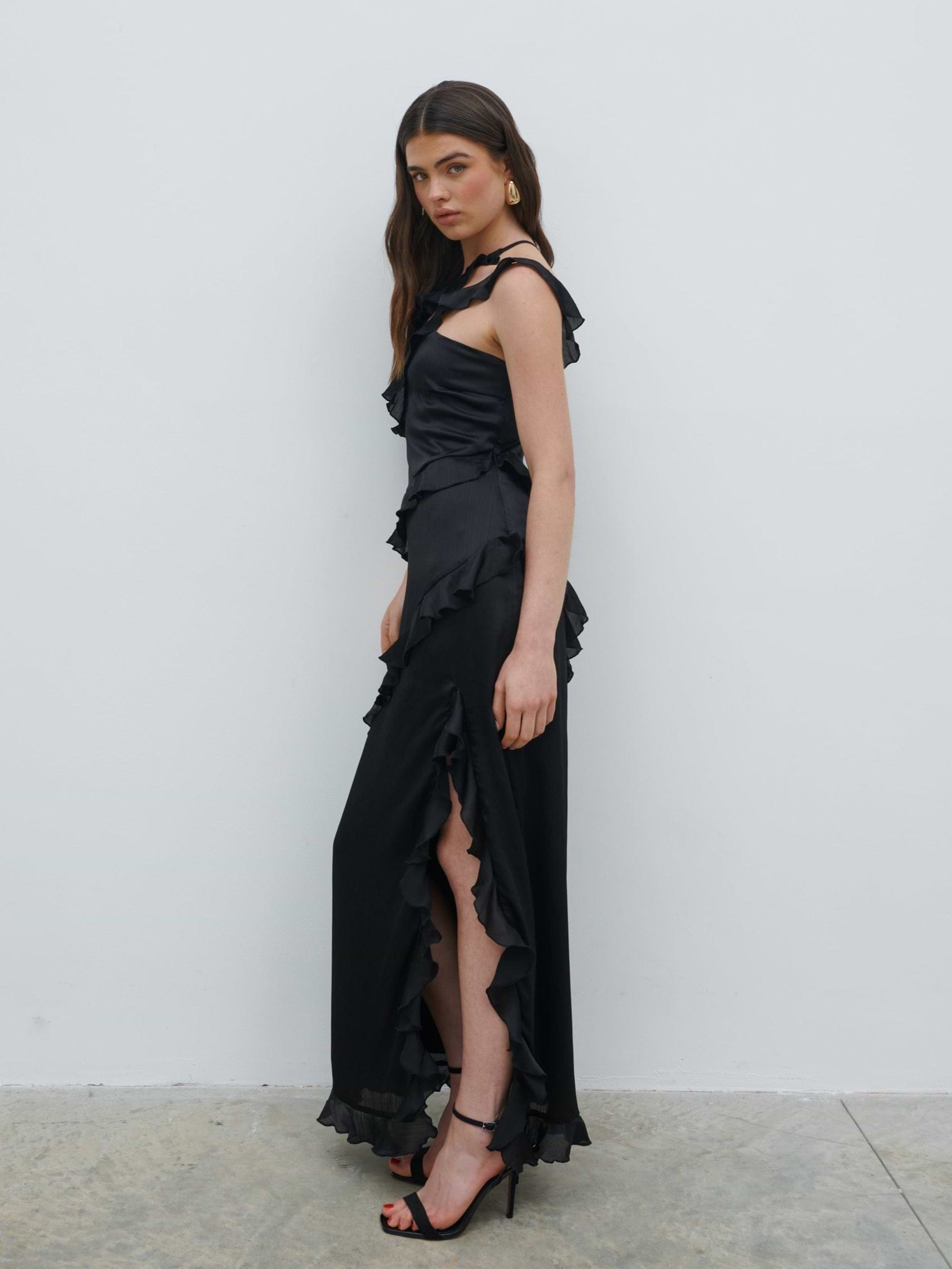 Sabina One Shoulder Ruffle Maxi Dress - Black